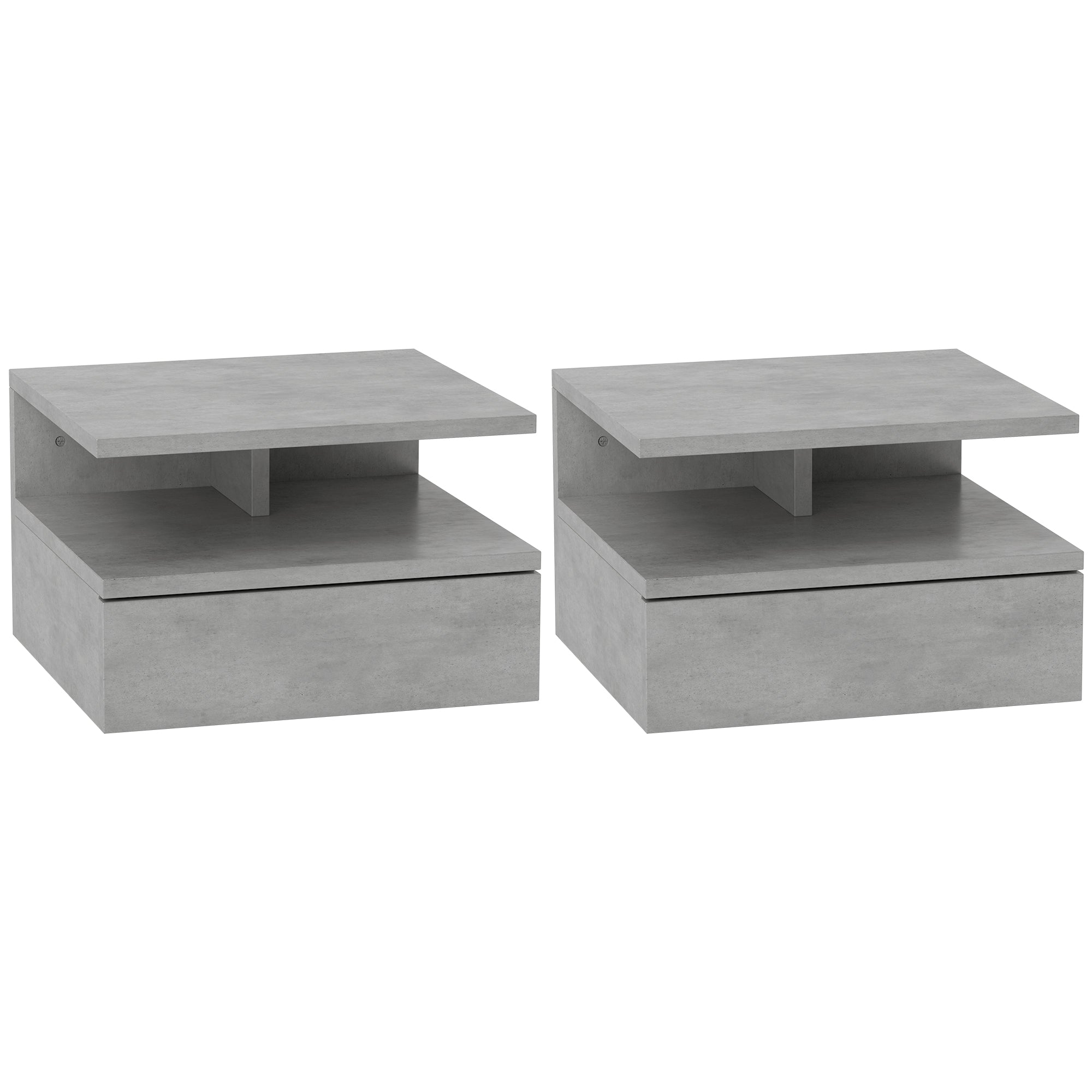 Set of 2 Suspended Bedside Tables for the Bedroom with Drawer and Wooden Shelf 35x32x22.5cm, Gray