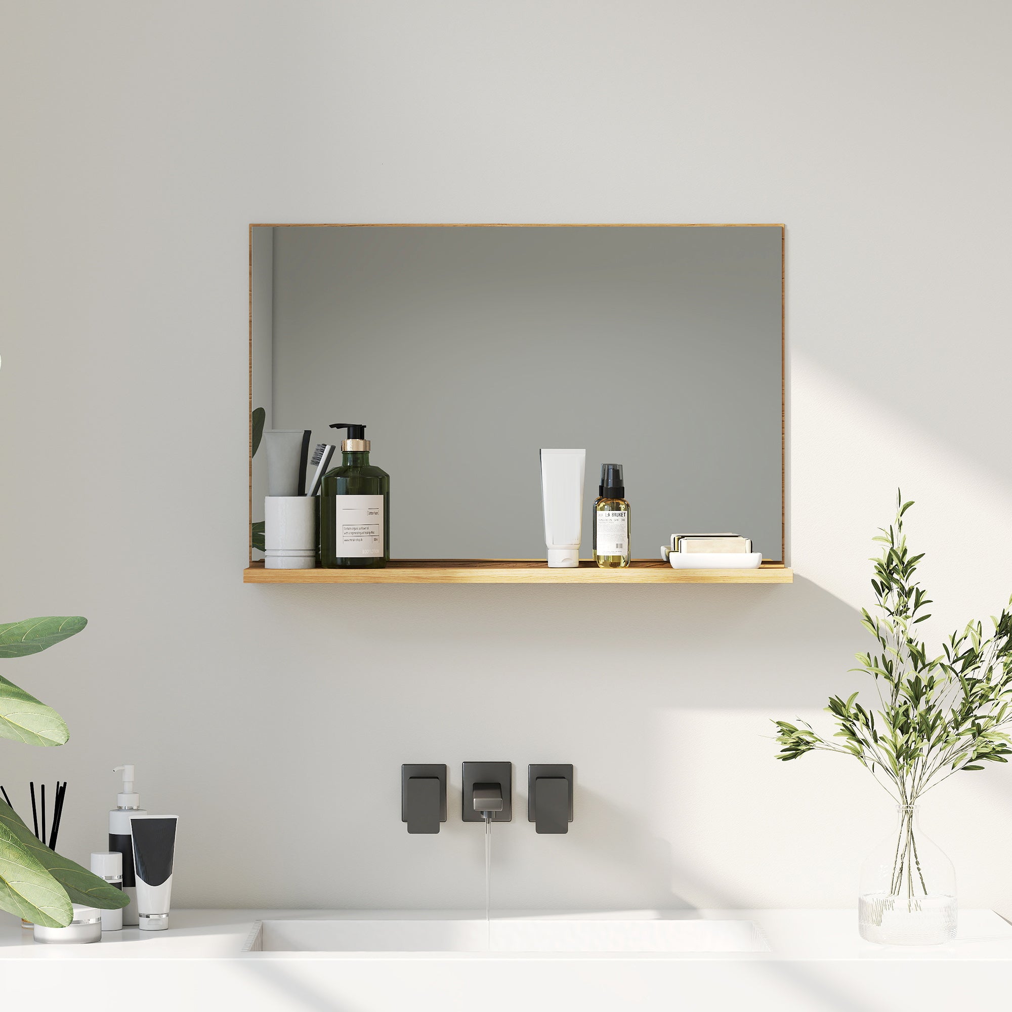 Wall Mounted Bathroom Mirror with Shelf, Modern and Multipurpose Design, 60x12x40 cm, Wood