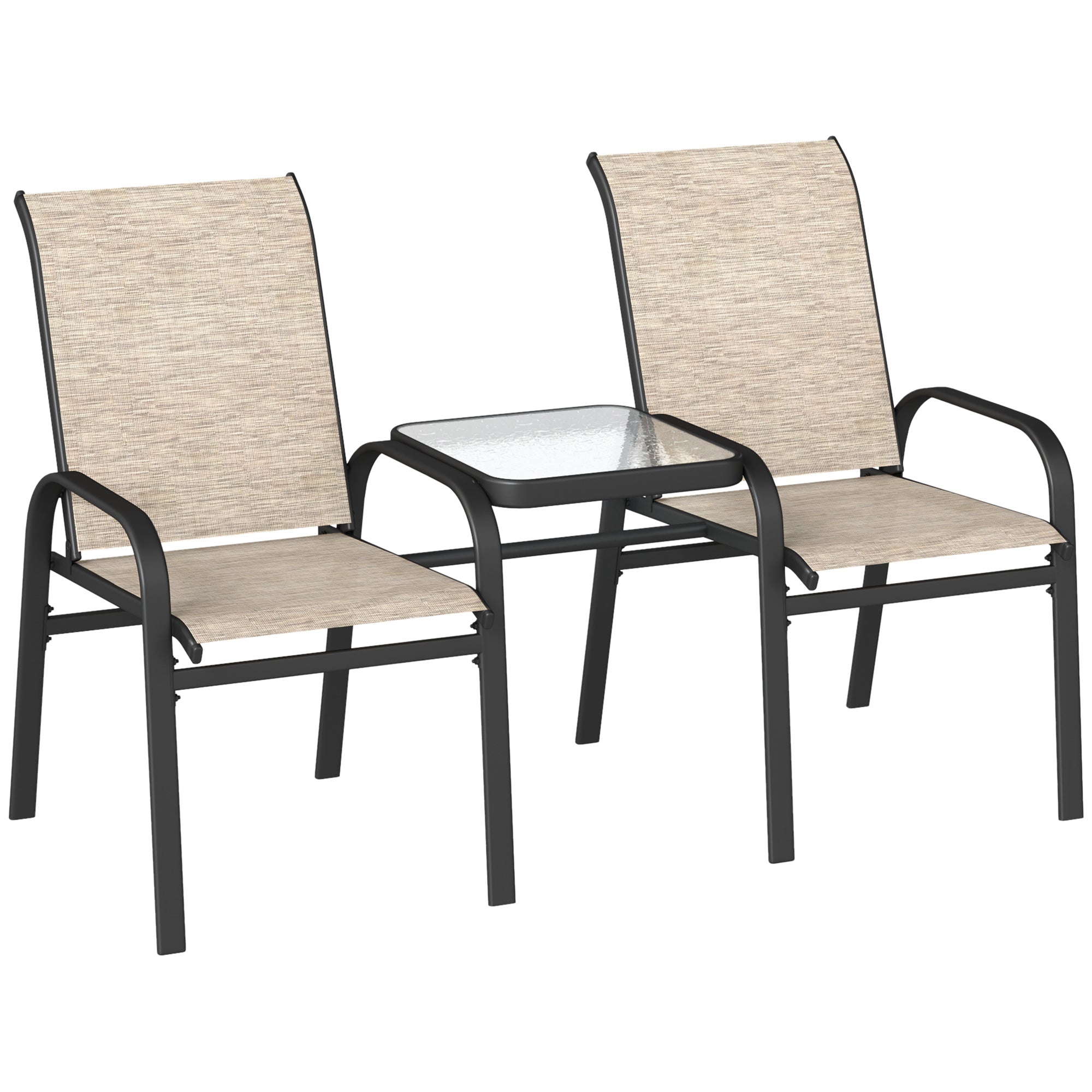 2 Seater Garden Bench with Armrests, High Backrest and Low Central Glass Table, Brown and Black