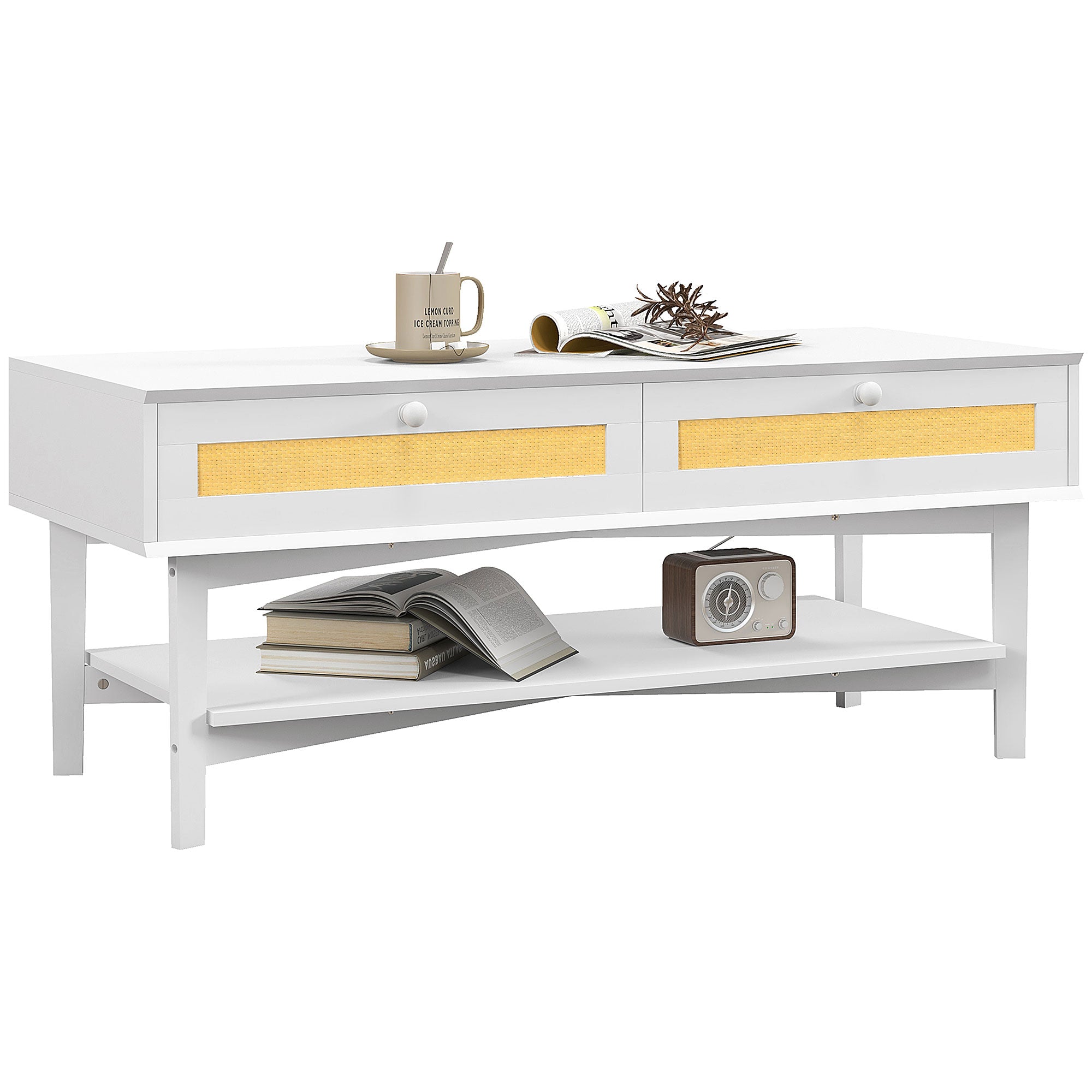 Boho Coffee Table with 2 Drawers and Shelf, Rattan and Chipboard, 120x50x50 cm, White and Wood Color - Borgè