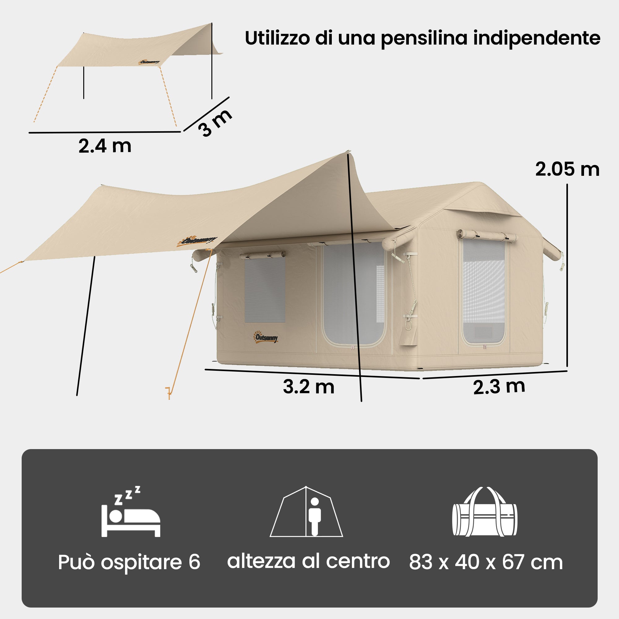 Outsunny Inflatable Camping Tent with Pump, 3000mm Waterproof and Windproof, Khaki