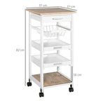 HOMCOM Space-Saving Kitchen Cart in Pine Wood and MDF, Storage Trolley with Drawer, Basket, 2 Trays and 4 Universal Wheels, 37x37x82cm, White