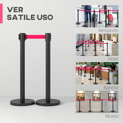 Retractable bollards, Set of 2 Path Marker Poles with 2m Extendable Tape, Ø32x90cm, Black and Red