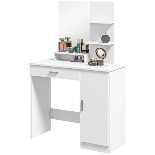 Makeup Table with Cabinet, Drawer, Open Shelves and Mirror, 90x38x138 cm, White