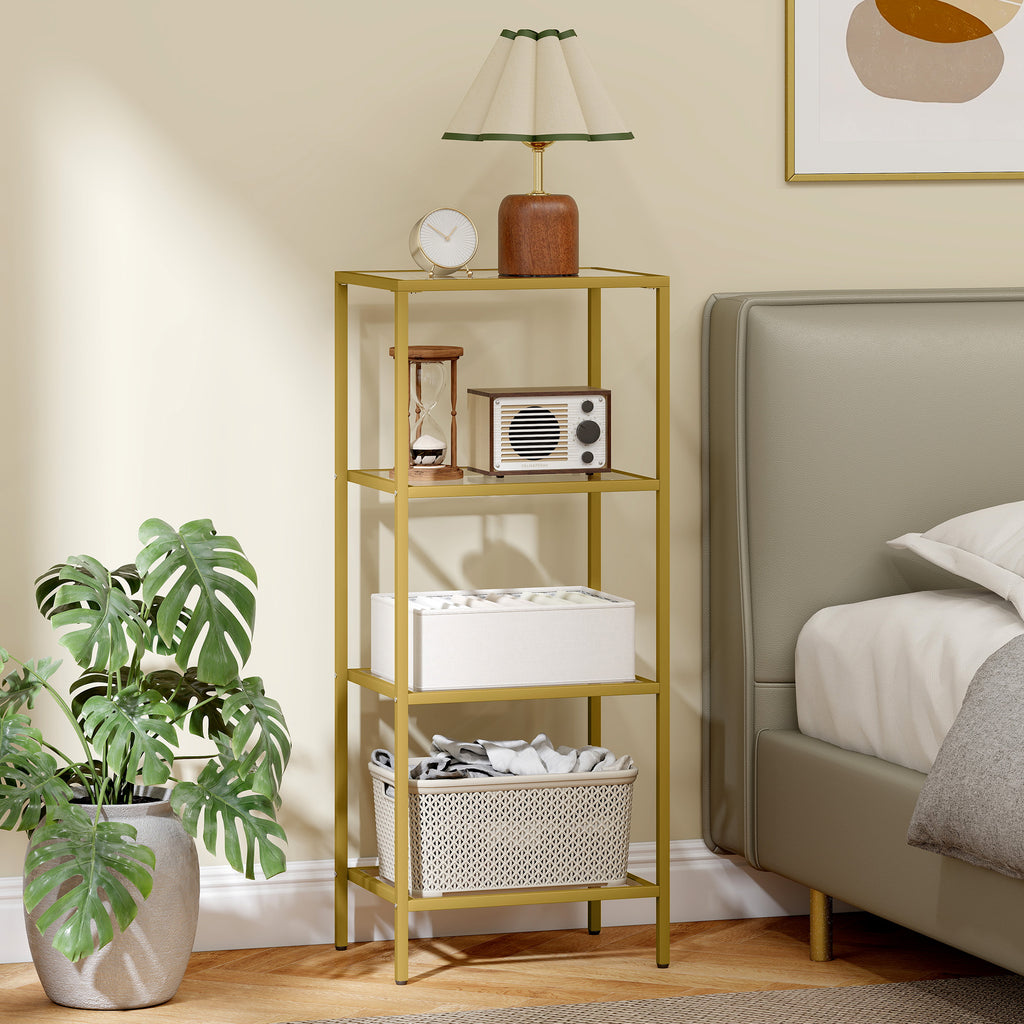 Minimalist 4-Tier Metal and Tempered Glass Shelf Unit, 40x30x96.5 cm, Gold