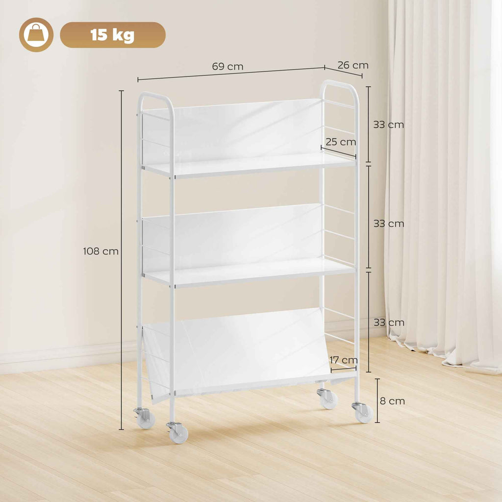 HOMCOM Modern 3-Tier Book Cart with Swivel Wheels for Books and Magazines, 69x26x108 cm, White