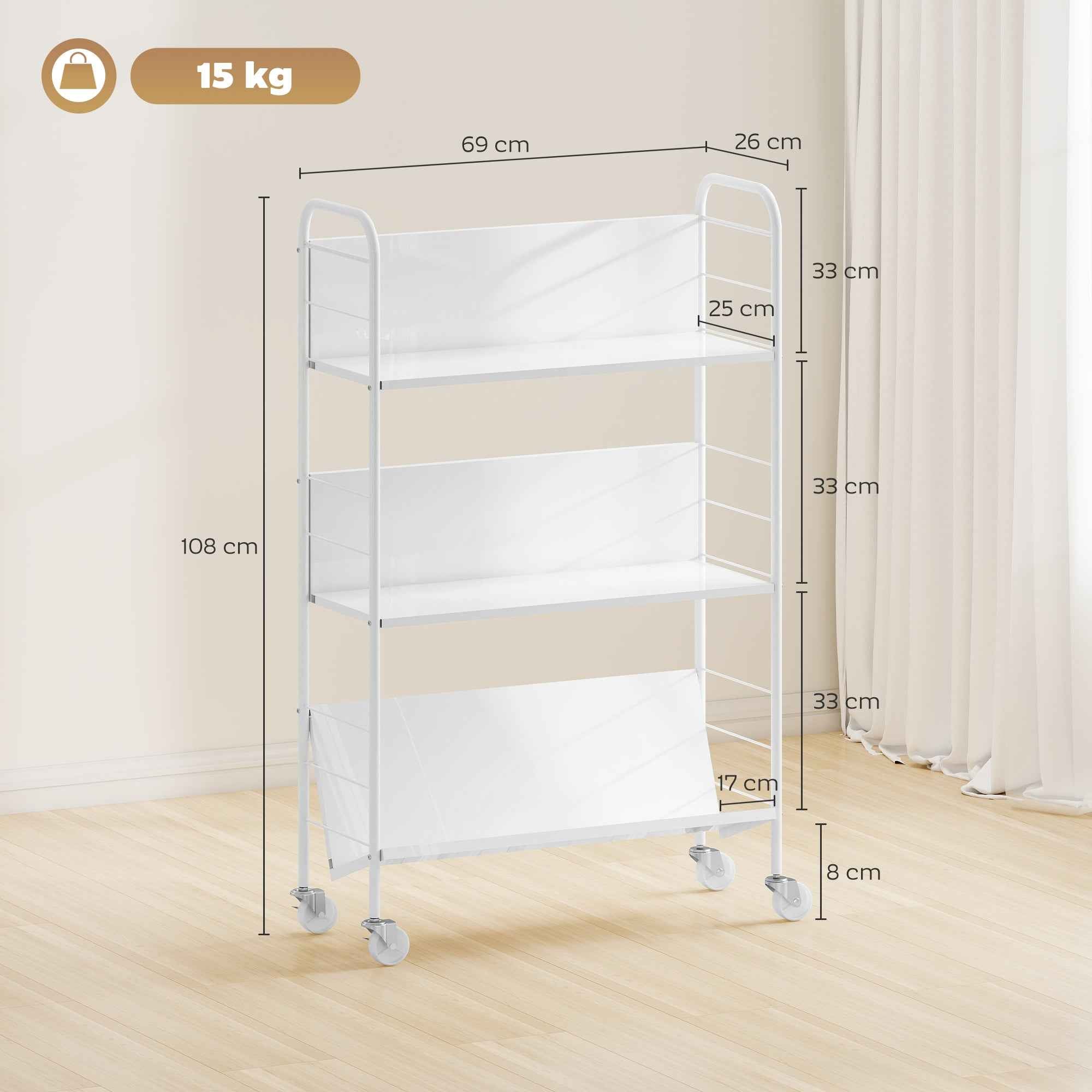 HOMCOM Modern 3-Tier Book Cart with Swivel Wheels for Books and Magazines, 69x26x108 cm, White