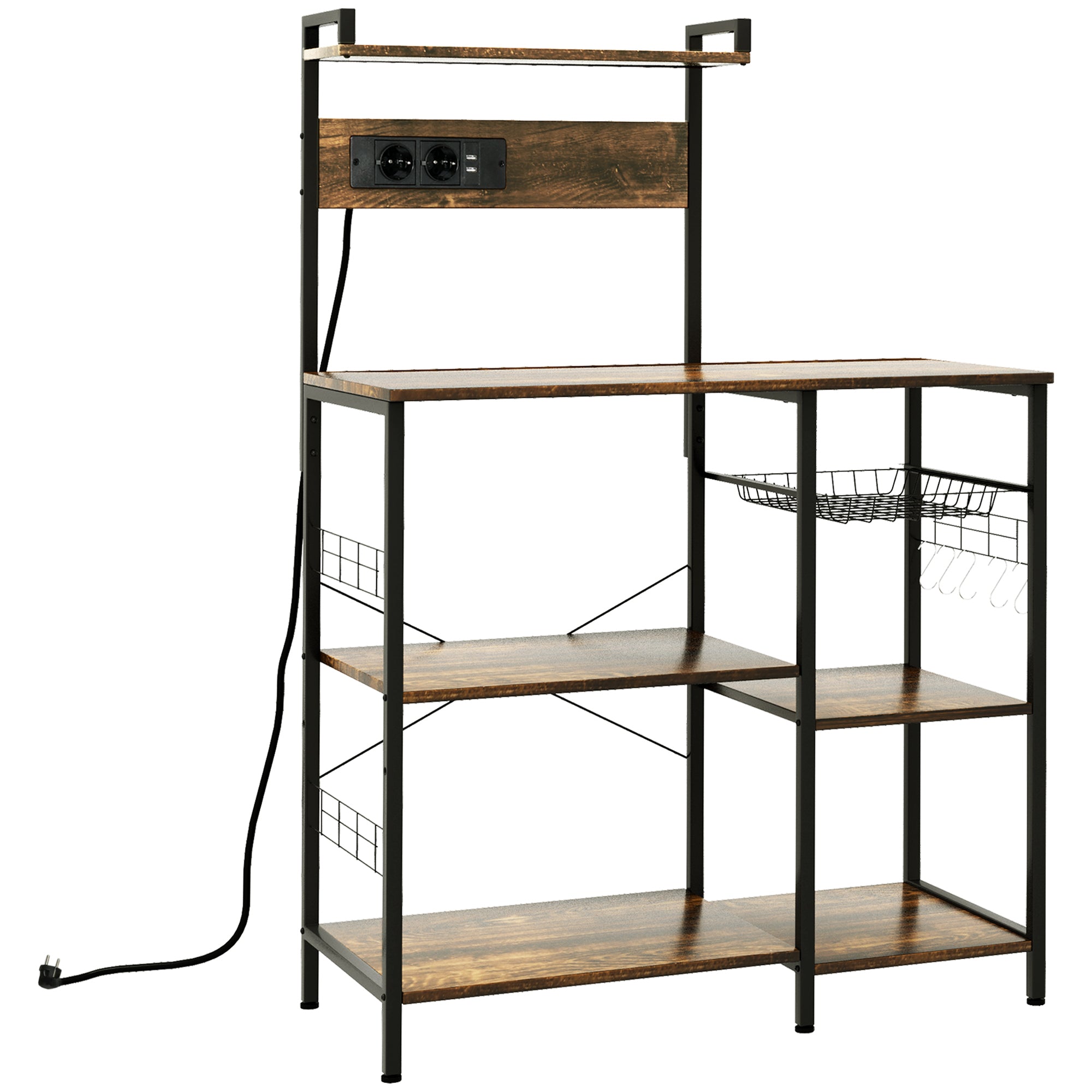 Microwave Multi-Socket Kitchen Shelf with Shelves and Mesh Basket, 90x42x130cm, Brown