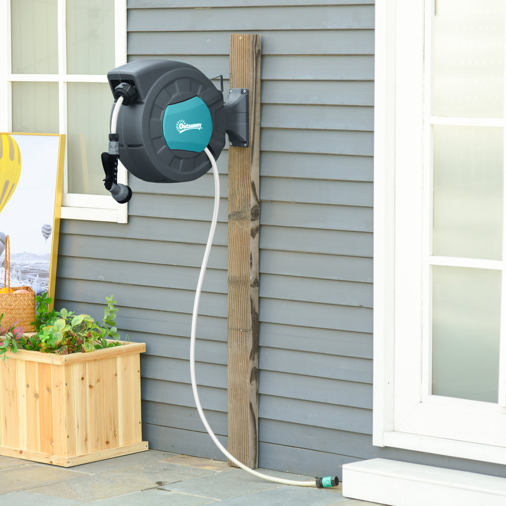 Outsunny 180° Rotating Automatic Wall-Mounted Hose Reel, 15m+1.4m Water Hose and Multifunction Gun, Grey