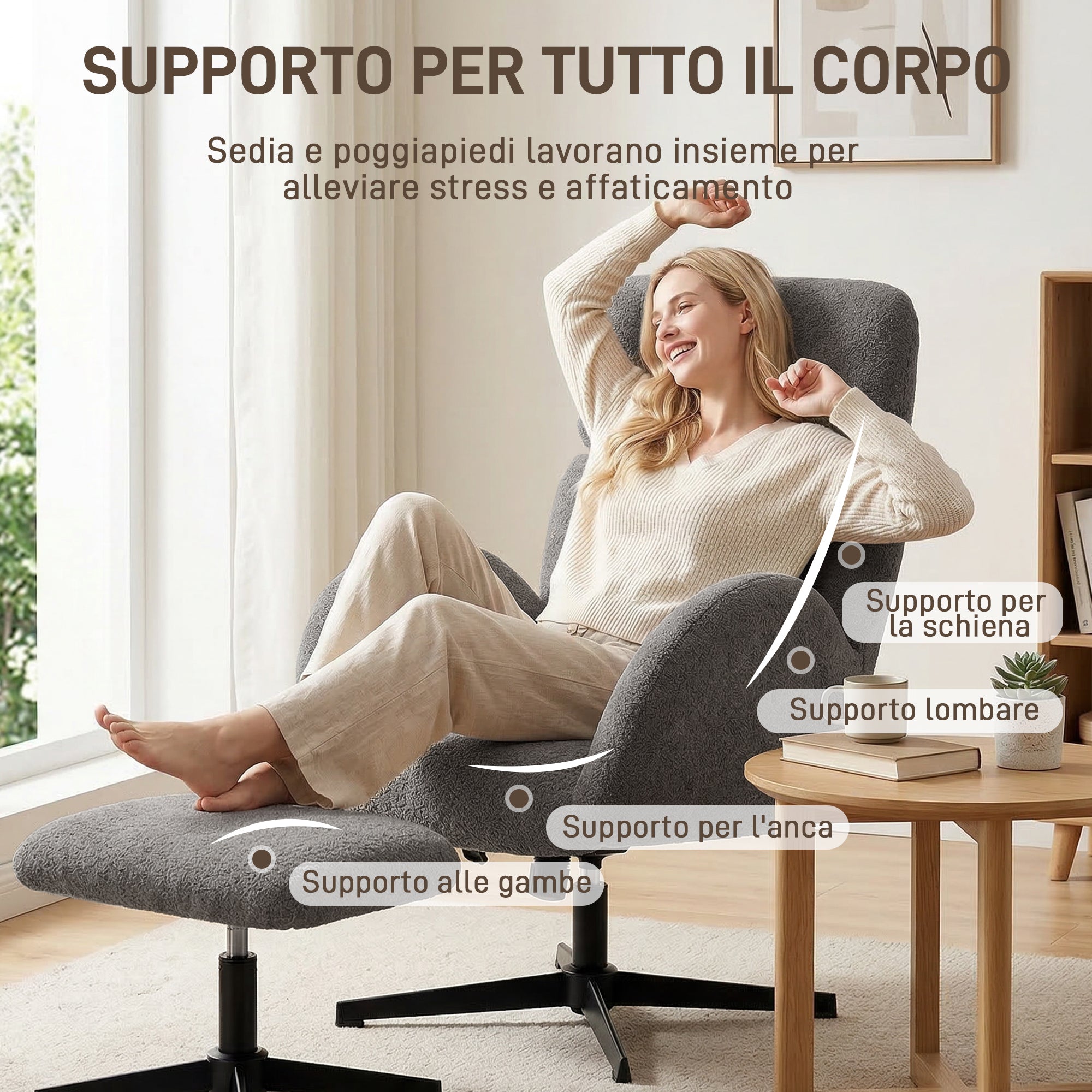 Swivel Chair with Footrest, Height-Adjustable with Adjustable Headrest, Rocking Function, Grey