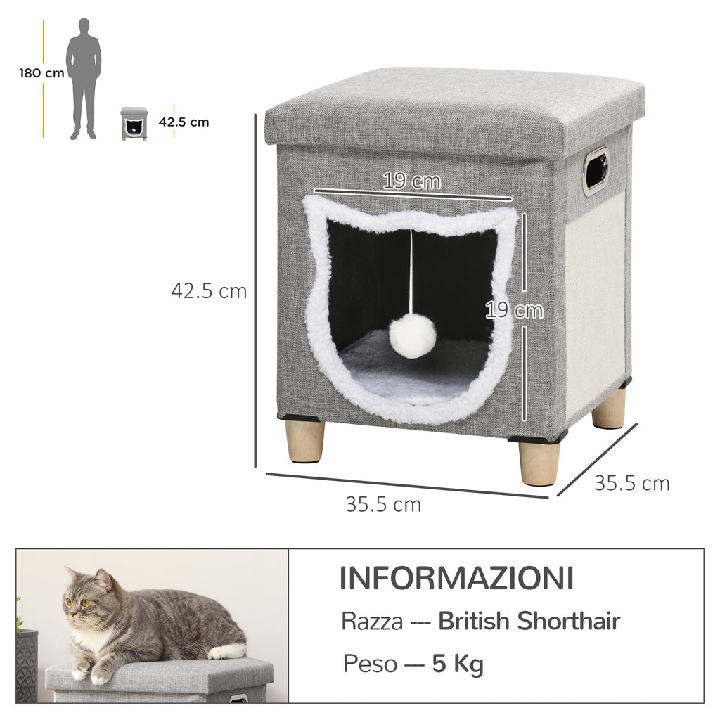 Cat House with Scratching Post, Cushion and Ball, Made of Wood and Polyester, 35.5x35.5x42.5 cm, Cream and Grey