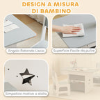 Children's Table and Chair Set for 3-8 Years Old with 6 Drawers and Rounded Edges, in Wood and Fabric, Grey and White