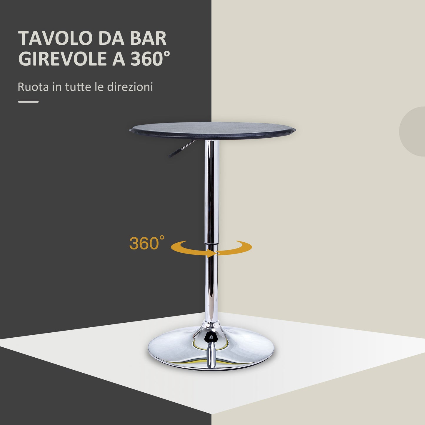 Chrome Bar Table, Height-Adjustable Round Table with Lift Up System, 360° Rotatable Round Top Φ63x67-93cm