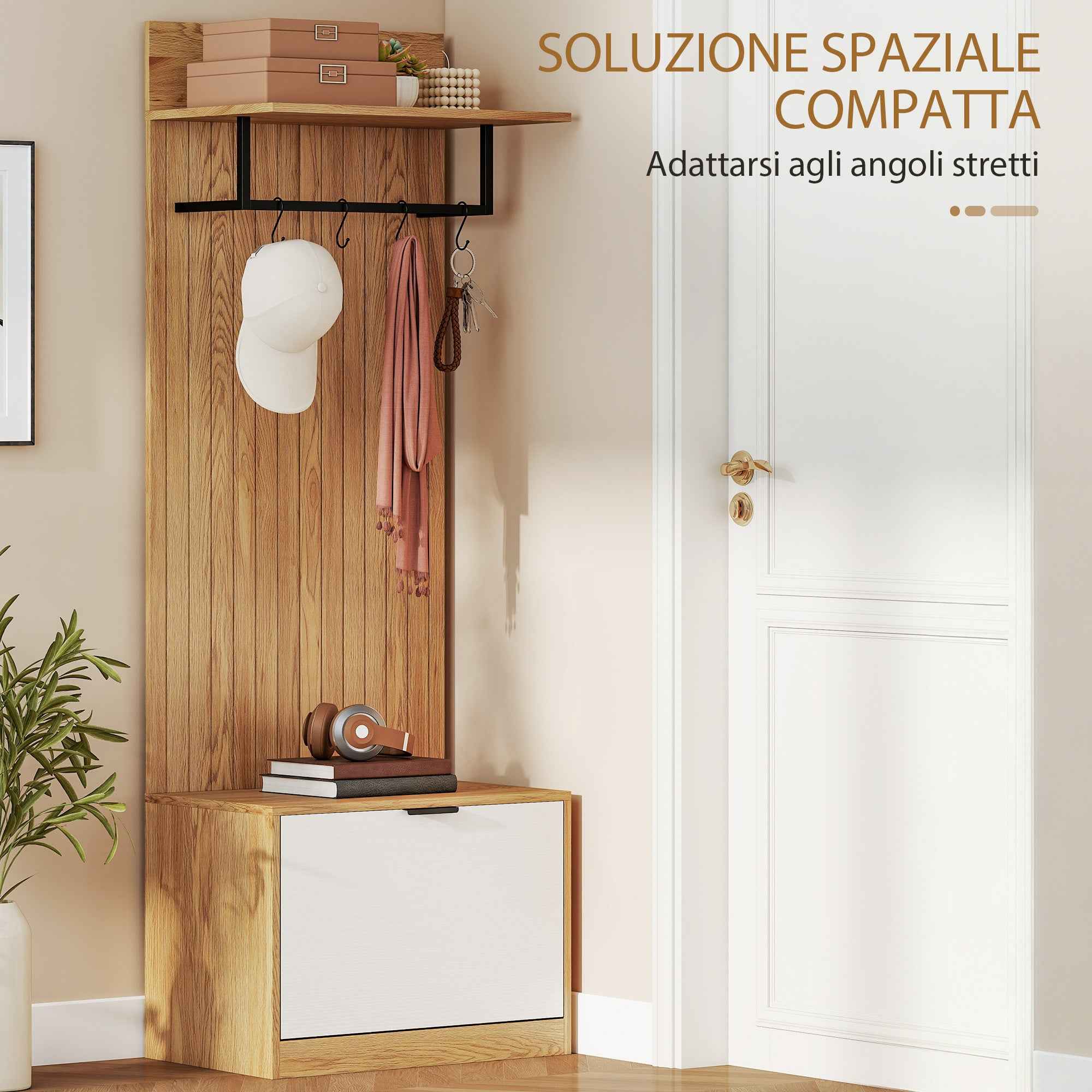 HOMCOM Hallway Furniture with Bench, Shoe Rack and Coat Rack with 4 Hooks, 60x30x170 cm, Oak and White