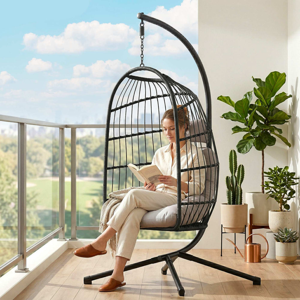 Outsunny Hanging Egg Chair with Stand and Safety Strap, 105x101x196 cm, Black and Light Grey