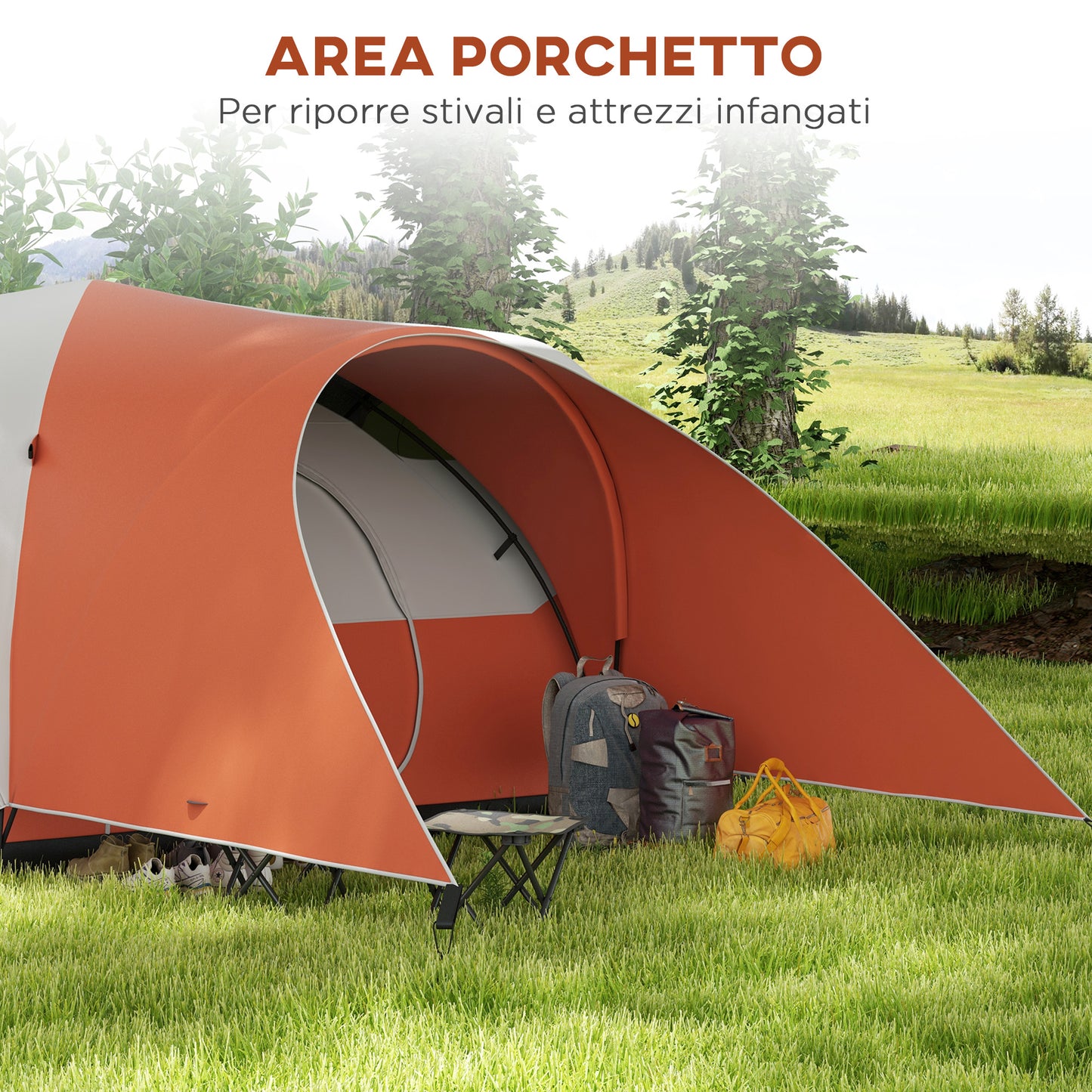 Outsunny 5-6 Person Camping Tent with Porch, 3000mm Waterproof with Transport Bag, Orange - Borgè