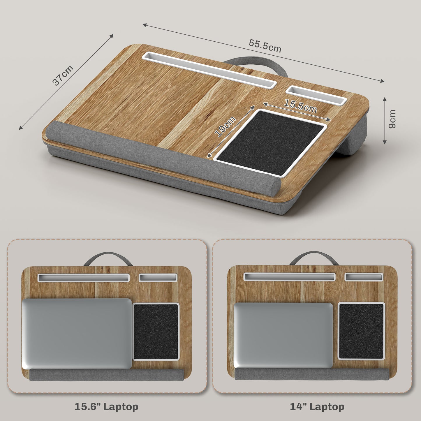 15.6" Laptop Stand with Mouse Pad and Palm Rest, Tablet and Smartphone Slot, Oak