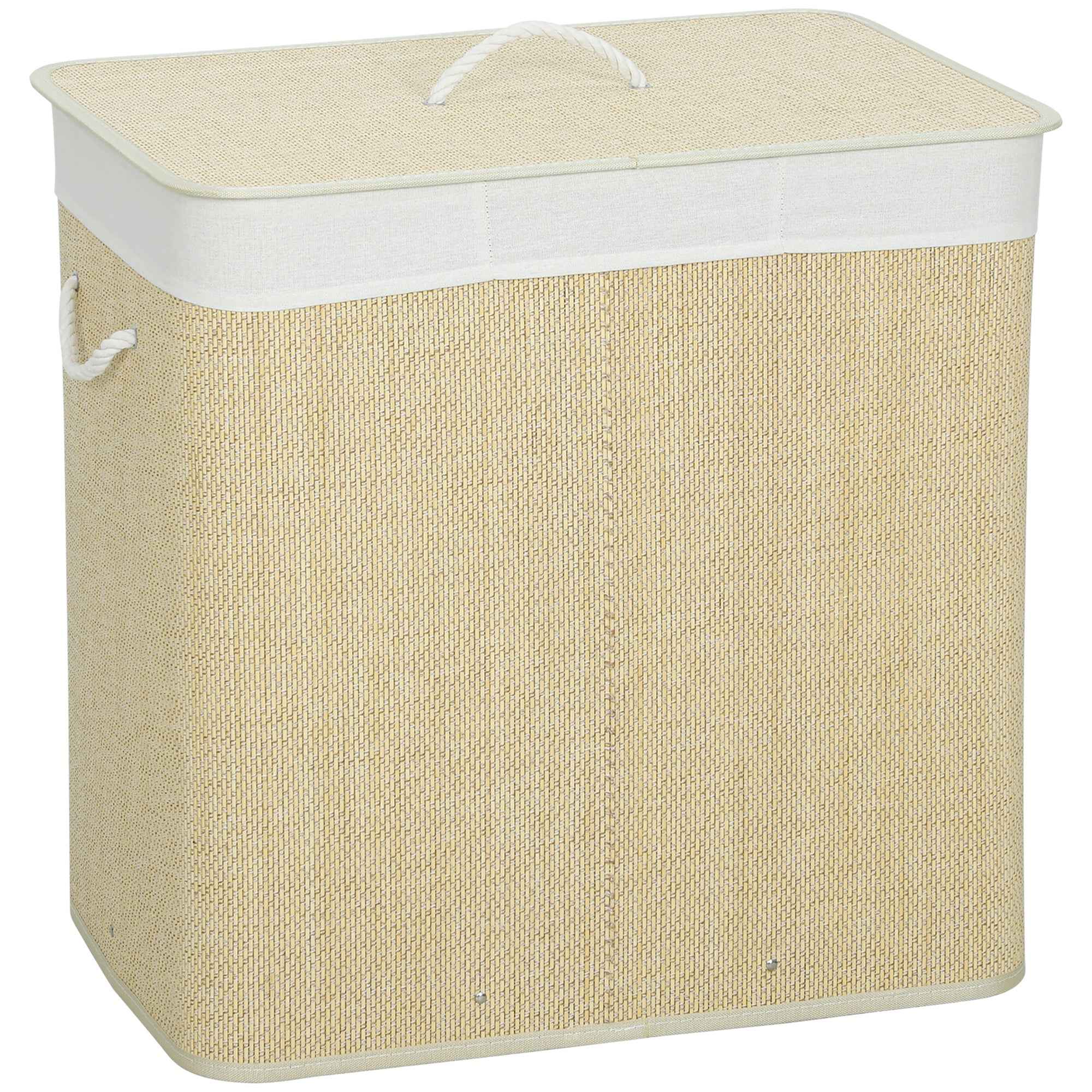 HOMCOM Bamboo Laundry Hamper with Lid, 144L, 3 Compartments, Removable and Washable Bag, Handles, Cream
