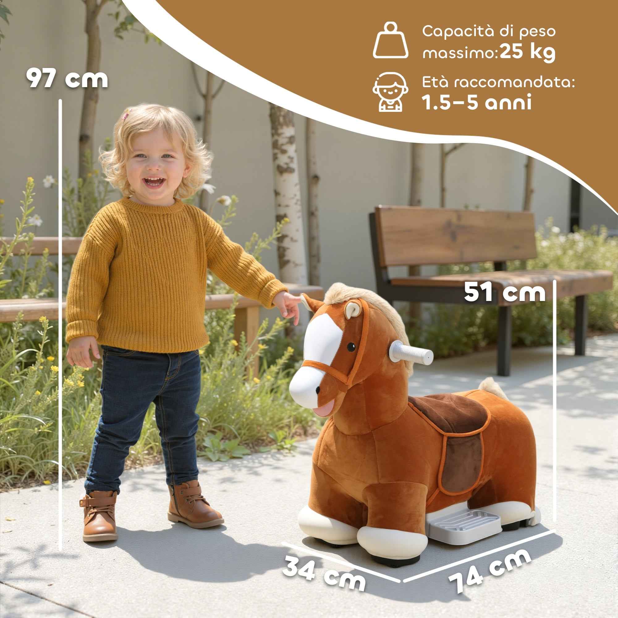 AIYAPLAY Electric Horse for Children with Pedals, Wheels and Sounds, Plush and Metal, 74x34x51 cm, Brown