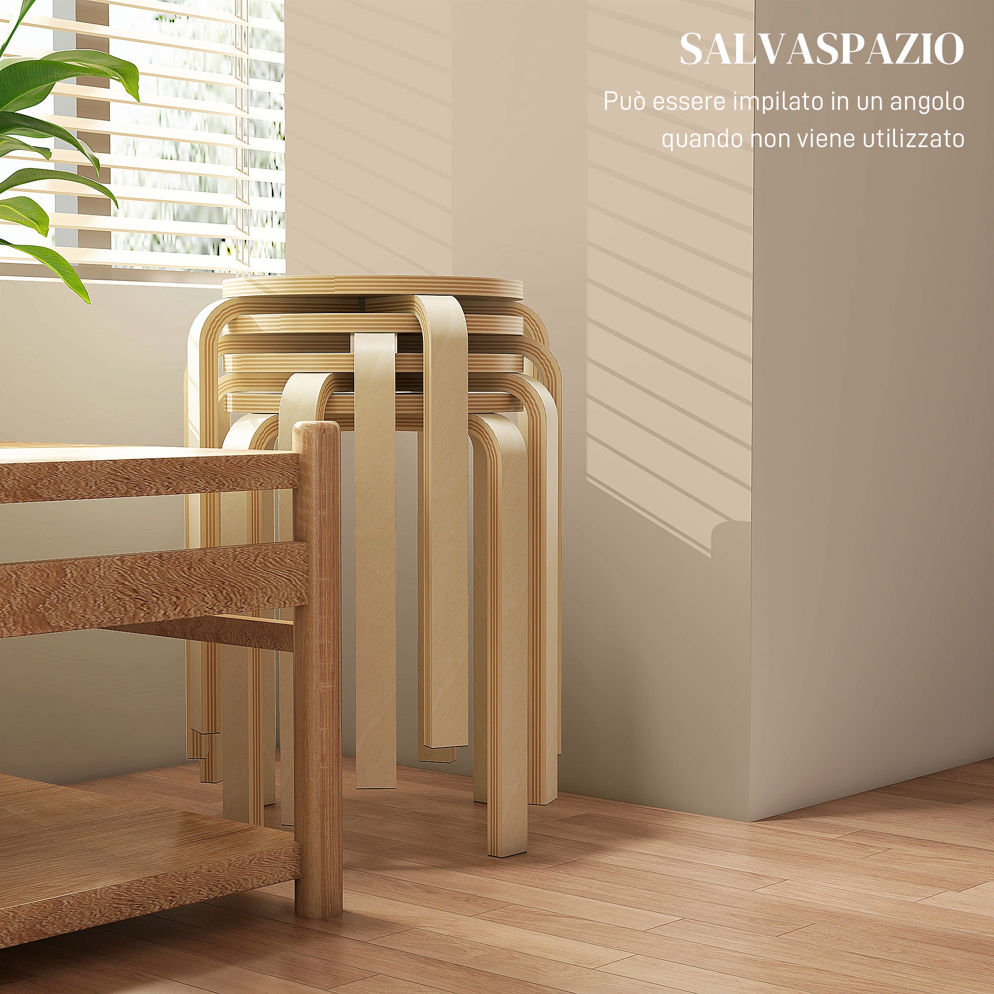 Set of 4 Round Modern Stackable Kitchen and Bar Stools in Wood, Ø40x54cm, Wood Color