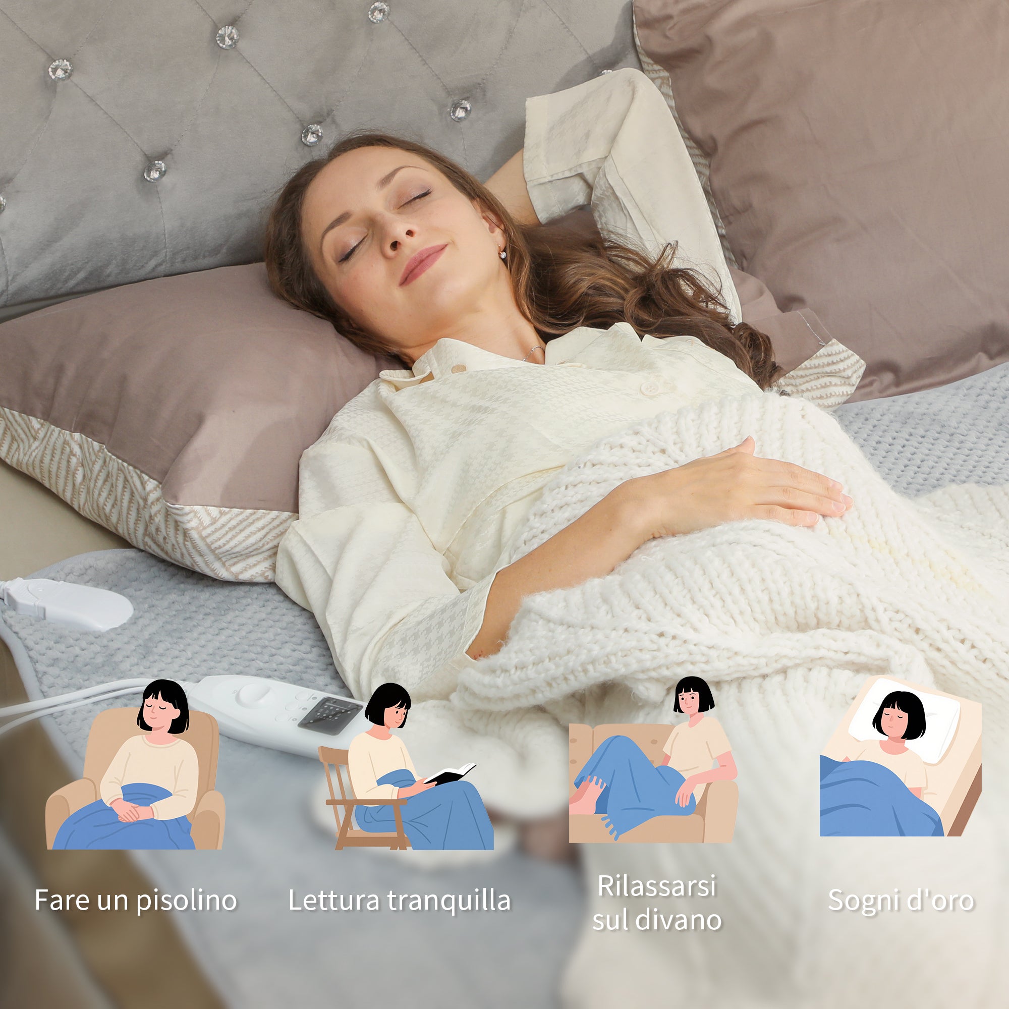 Electric Blanket 160x140 cm with 5 Heat Levels and 2 Remote Controls, in Fleece and Polyester, Grey