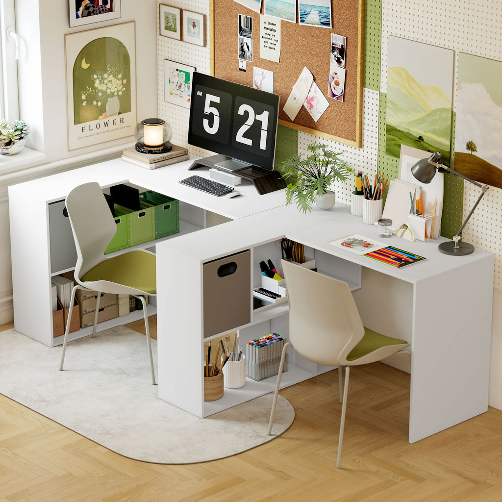 HOMCOM Modern Corner Desk with Shelf and Fabric Drawer, 110x100x75 cm, White
