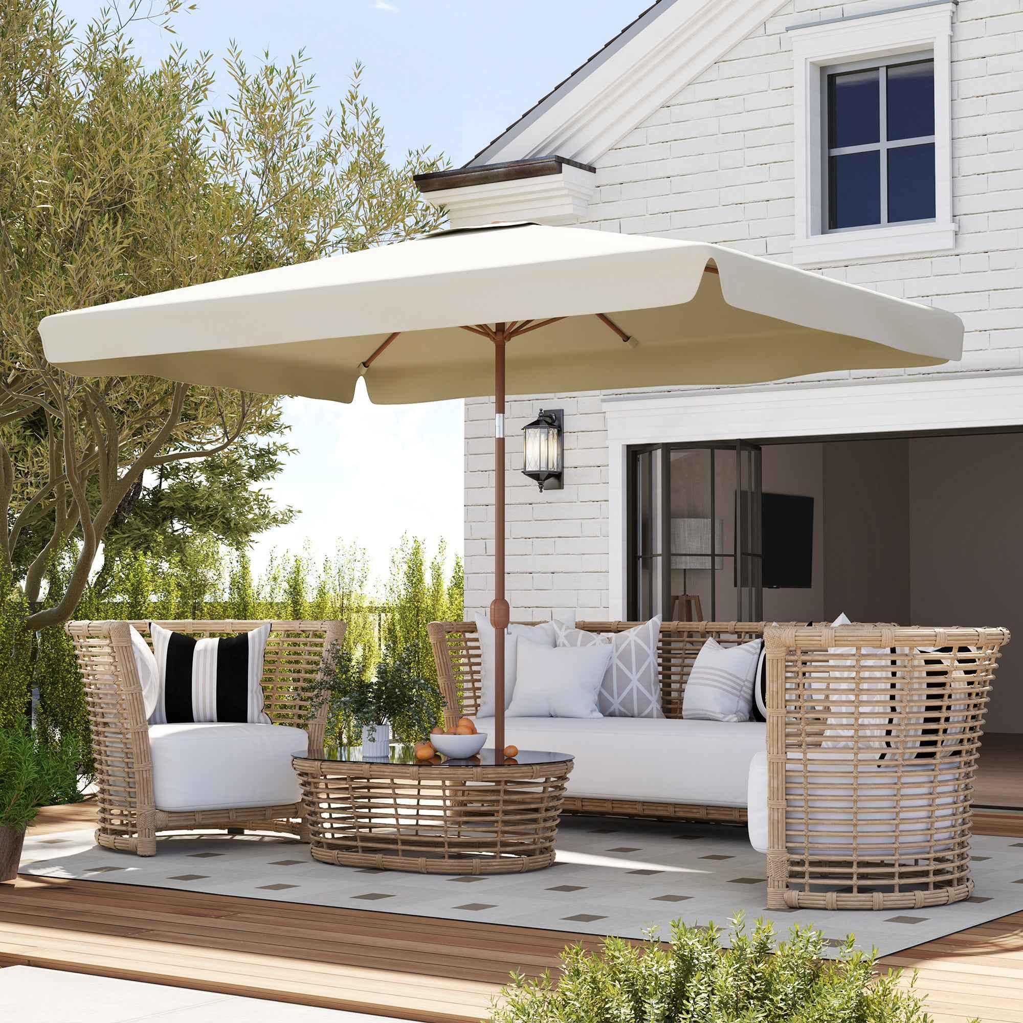 Outsunny 2x3m Rectangular Garden Umbrella with Frill Edge and Crank Handle, Metal and Polyester, Beige