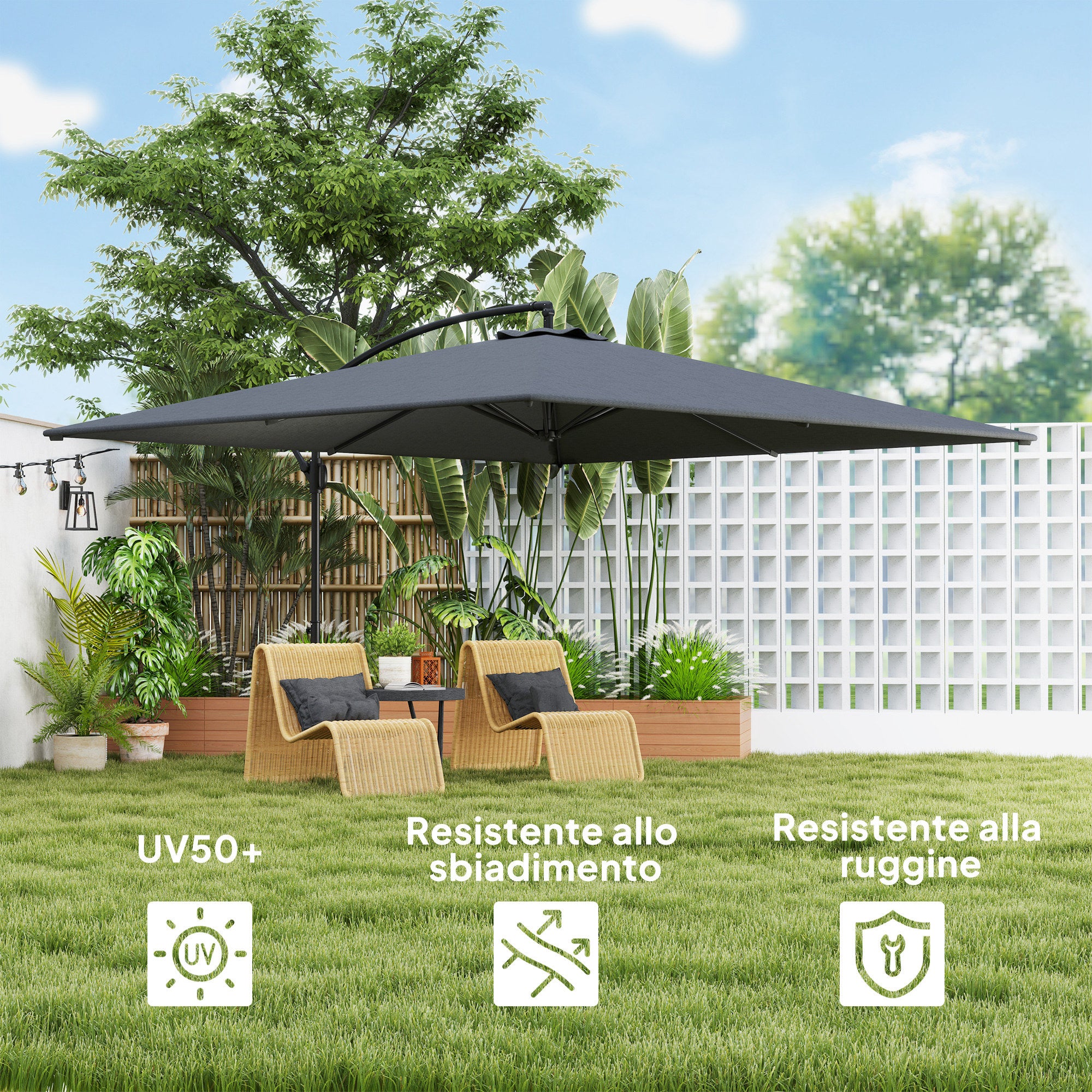 Garden Umbrella with Arm 3.6x3.9 m 360° Swivel and Tilting, Crank Opening, Gray