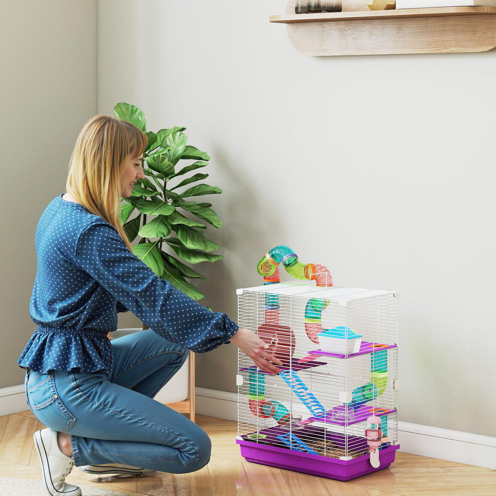 PawHut 5-Level Hamster Cage with Tubes, Wheel, Ladders, House and Bottle, 46x30x58 cm, Purple