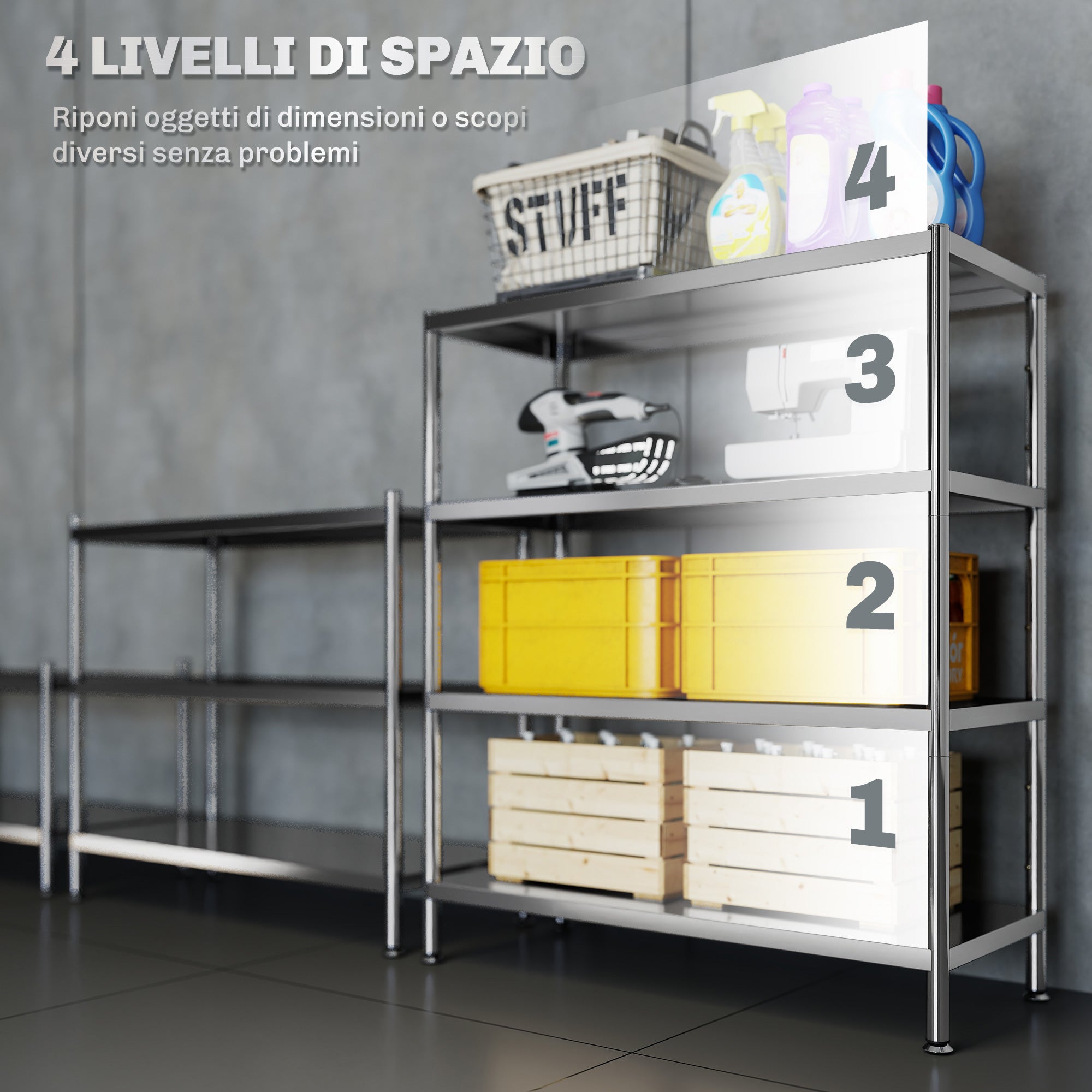 4-Tier Kitchen Shelf with 10 Adjustable Heights, Stainless Steel, 91 x 40 x 108 cm, Silver