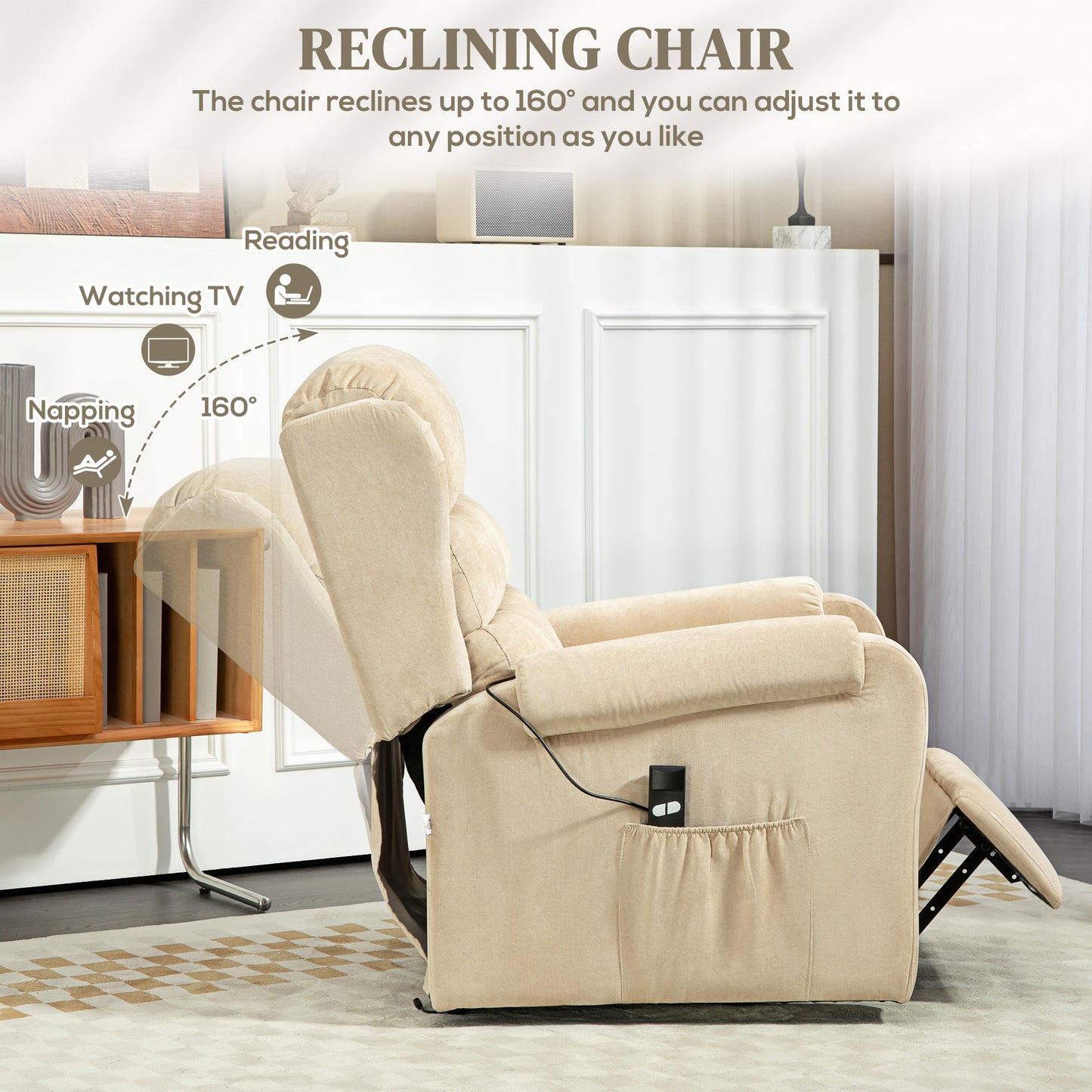 Lifting Armchair 160° Reclining  with Footrest and Remote Control, in Velvet, 85x88x109 cm, Cream