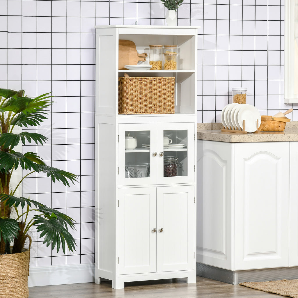 Mobile Pantry with 2 Open Shelves and 2 Cabinets with Doors, in MDF and Glass, 60x30x162 cm, White