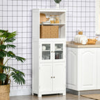 Mobile Pantry with 2 Open Shelves and 2 Cabinets with Doors, in MDF and Glass, 60x30x162 cm, White