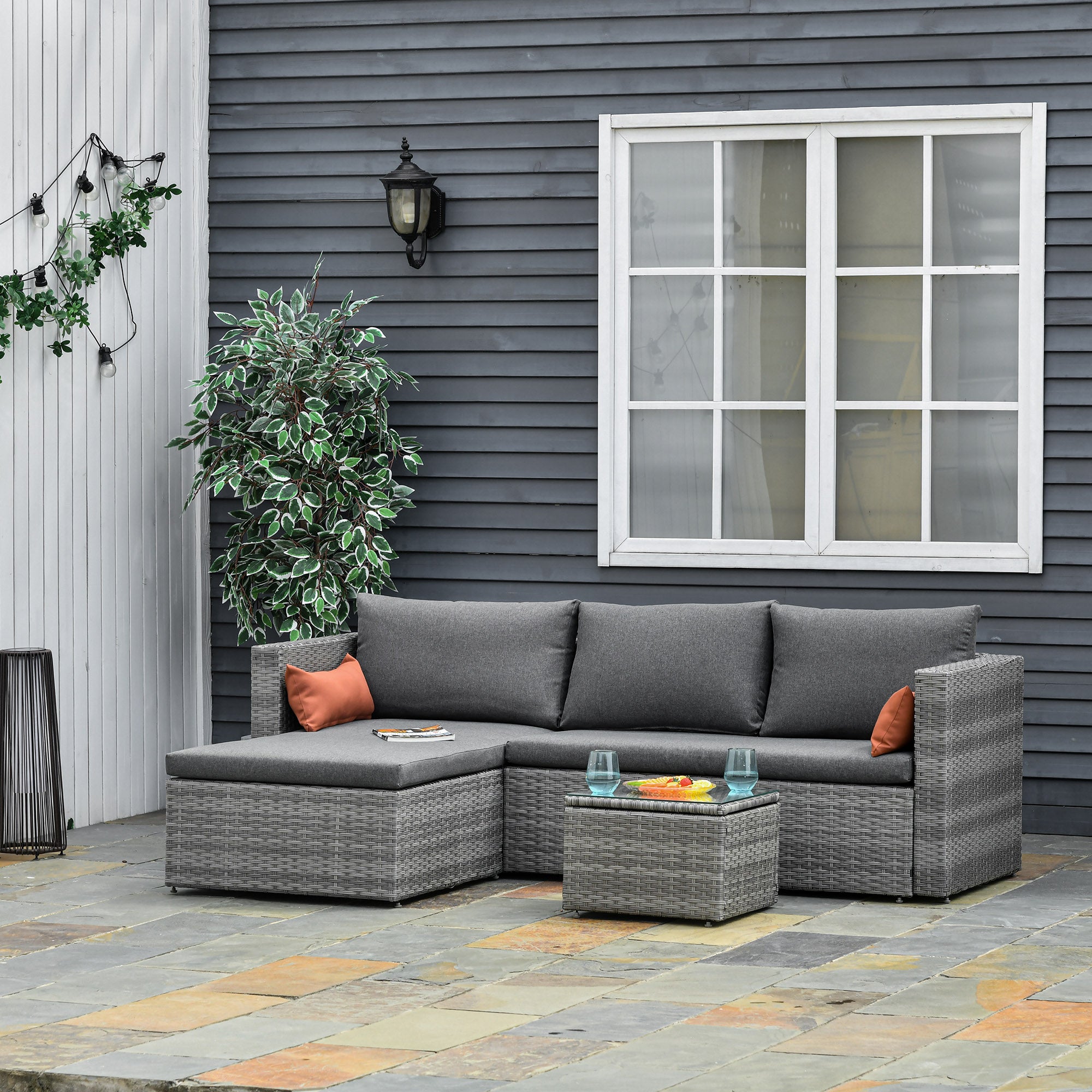 3-Piece PE Rattan Garden Furniture Set with 2 Sofas and Coffee Table, Grey