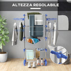 HOMCOM Vertical Drying Rack with 4 Adjustable Shelves, in Steel and Plastic, 142x55x172 cm, Blue and Silver - Borgè