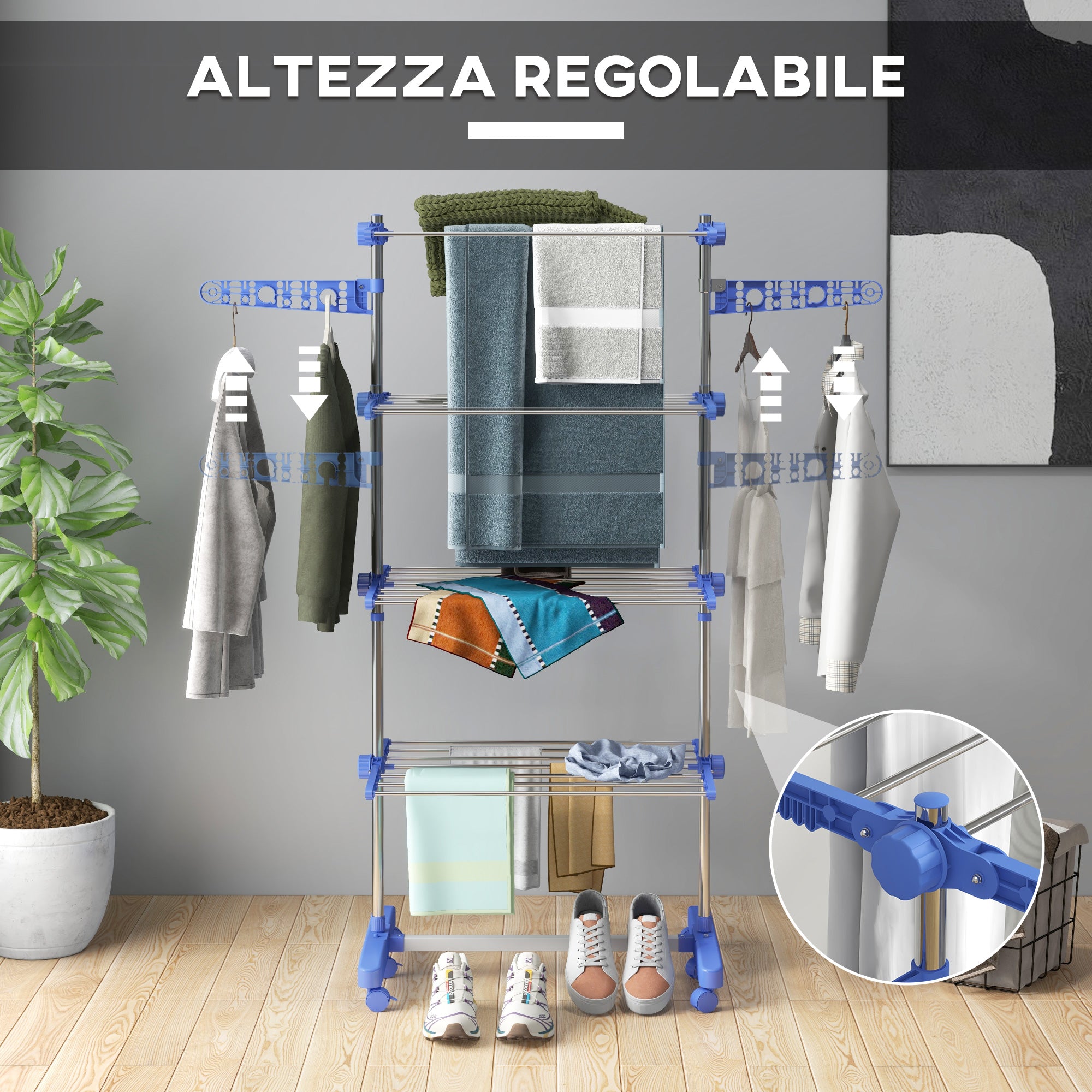 HOMCOM Vertical Drying Rack with 4 Adjustable Shelves, in Steel and Plastic, 142x55x172 cm, Blue and Silver - Borgè