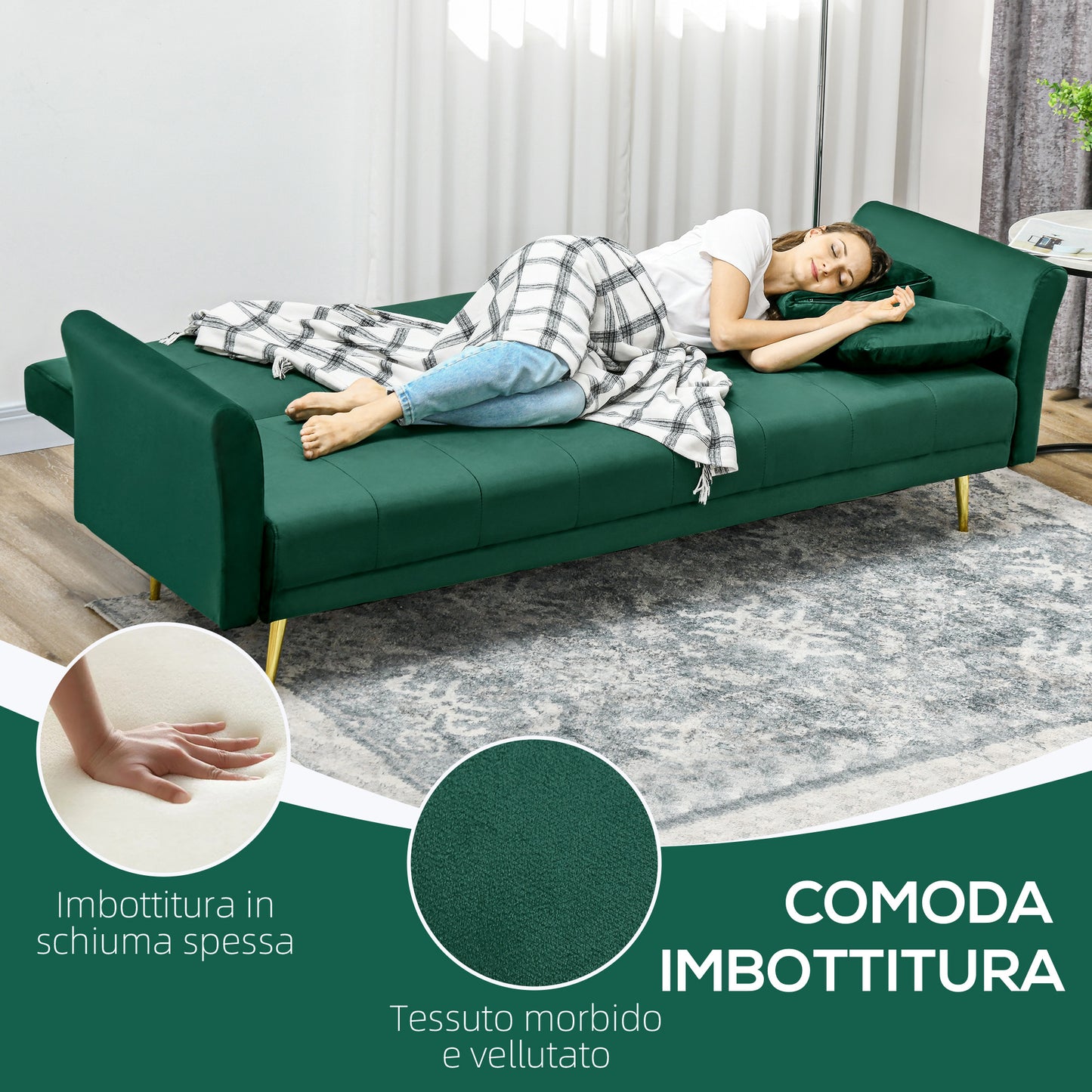 Sofa Bed with Adjustable Backrest and 2 Cushions, in Velvet Effect Fabric, 215x83x87 cm, Green