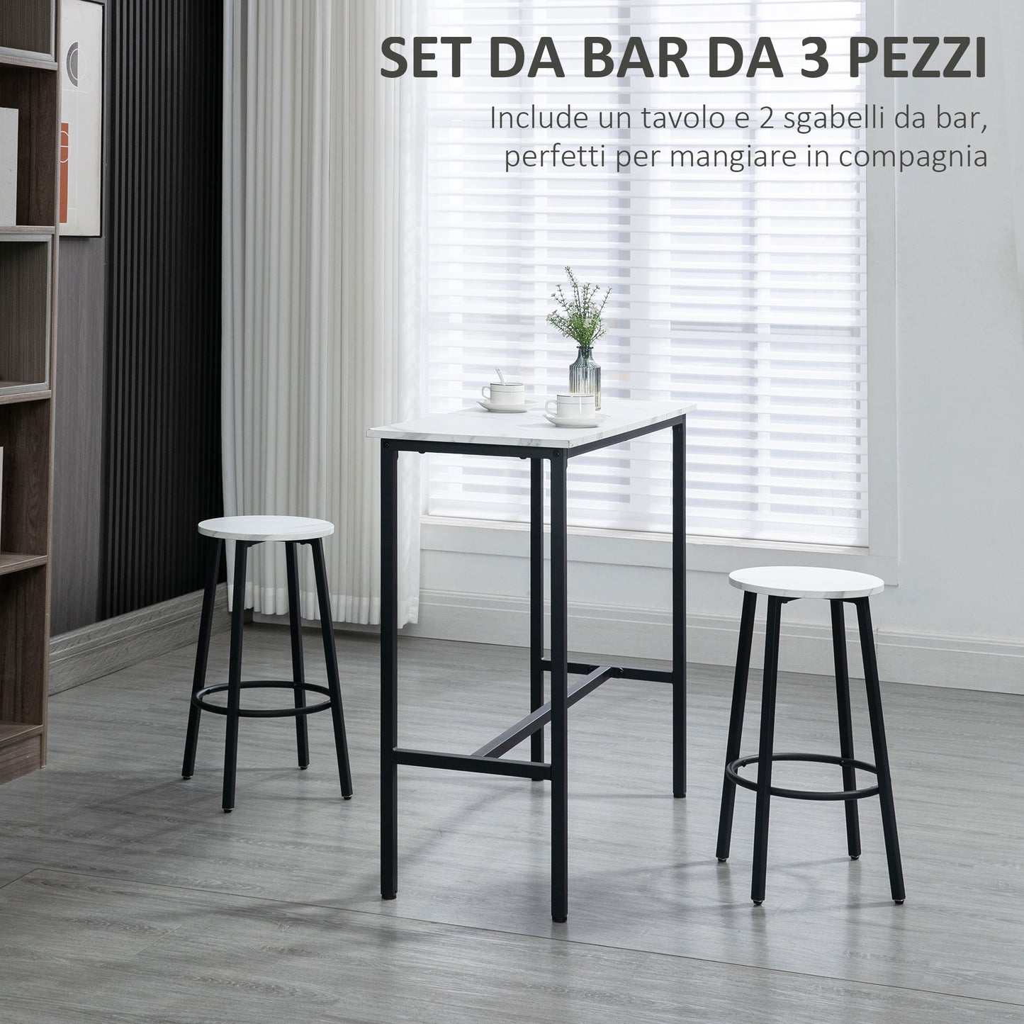 MARLI - 3 Piece Set with Rectangular Table and 2 Bar Stools in Chipboard, MDF and Steel, White and Black