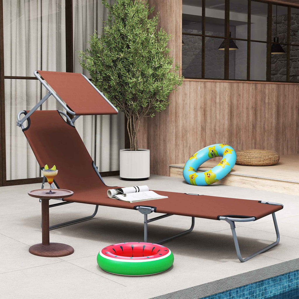 Outsunny Outdoor Lounger, Folding and Adjustable Outdoor Deck Chair with Brown Fabric Canopy, 187x58x36cm