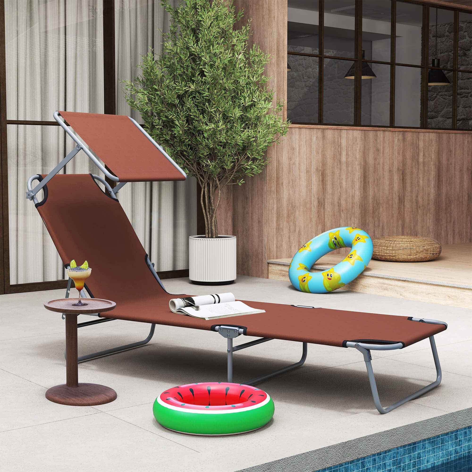 Outsunny Outdoor Lounger, Folding and Adjustable Outdoor Deck Chair with Brown Fabric Canopy, 187x58x36cm