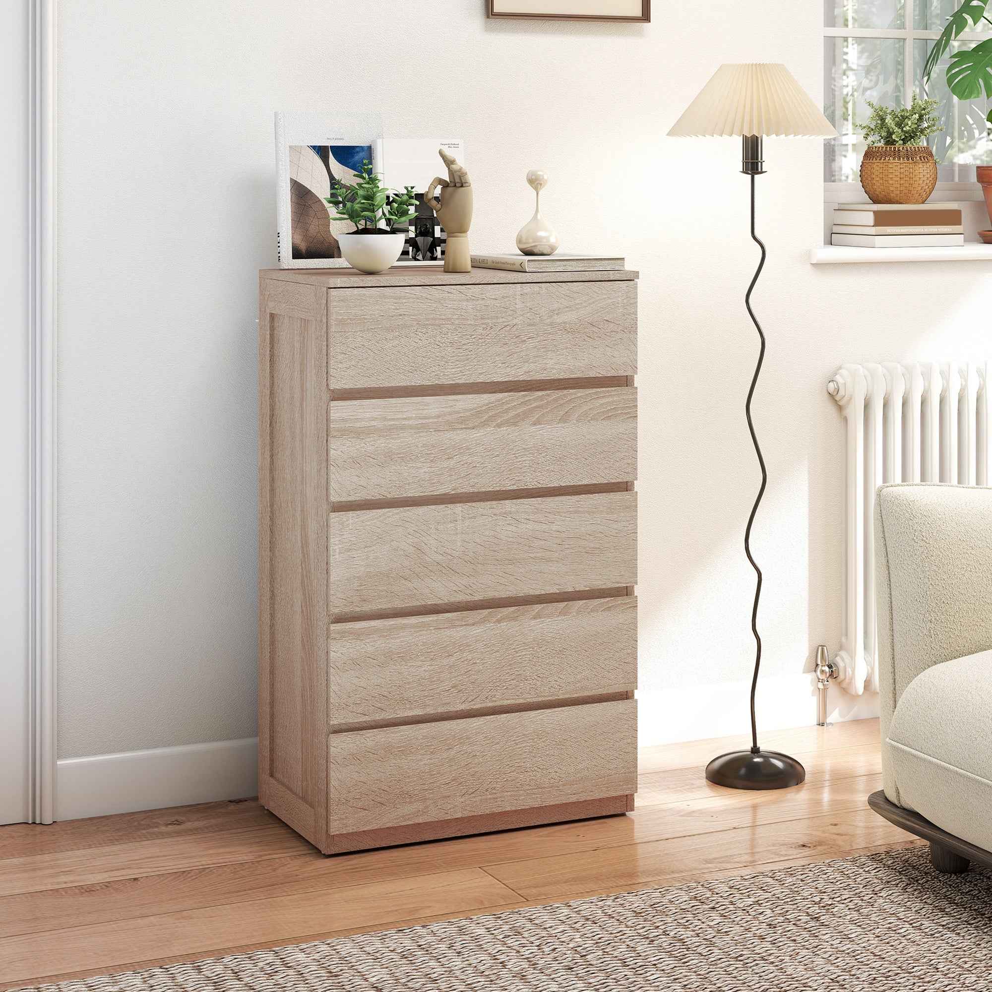 HOMCOM 5-Drawer Wooden Chest of Drawers with Metal Rails and Grooved Handles, 60x39x100 cm, Beech Color