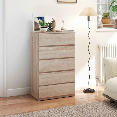 HOMCOM 5-Drawer Wooden Chest of Drawers with Metal Rails and Grooved Handles, 60x39x100 cm, Beech Color
