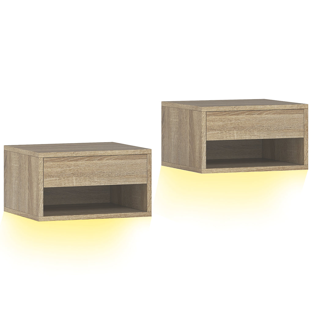 HOMCOM Set of 2 Wall-Mounted Bedside Tables with Built-in RGB LED Lights, Adjustable via APP, Drawer and Shelf, 37x32x21 cm, Wood Color