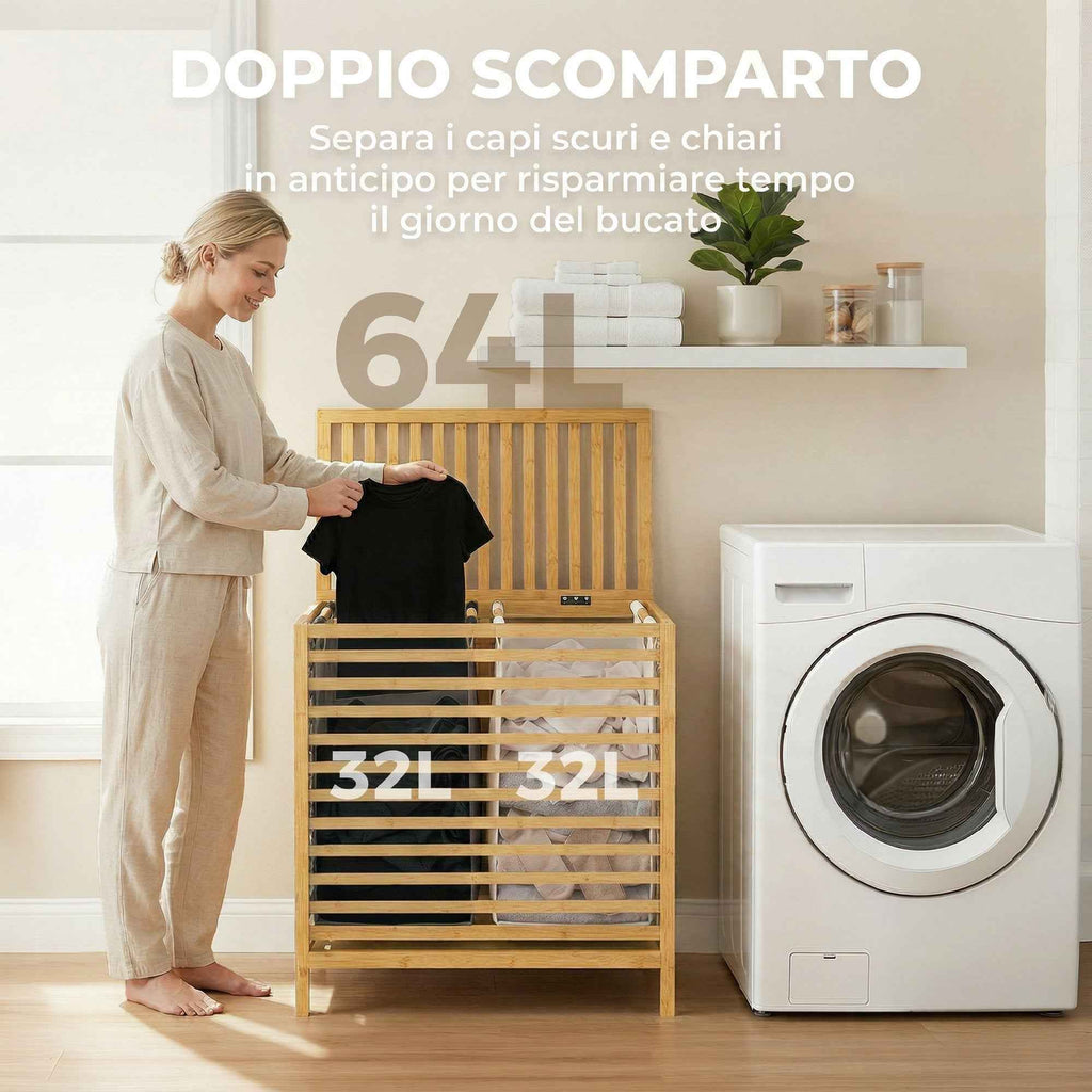 HOMCOM 64L Bamboo Laundry Hamper with Lid, 2 Removable and Washable Oxford Fabric Bags, Wood Color