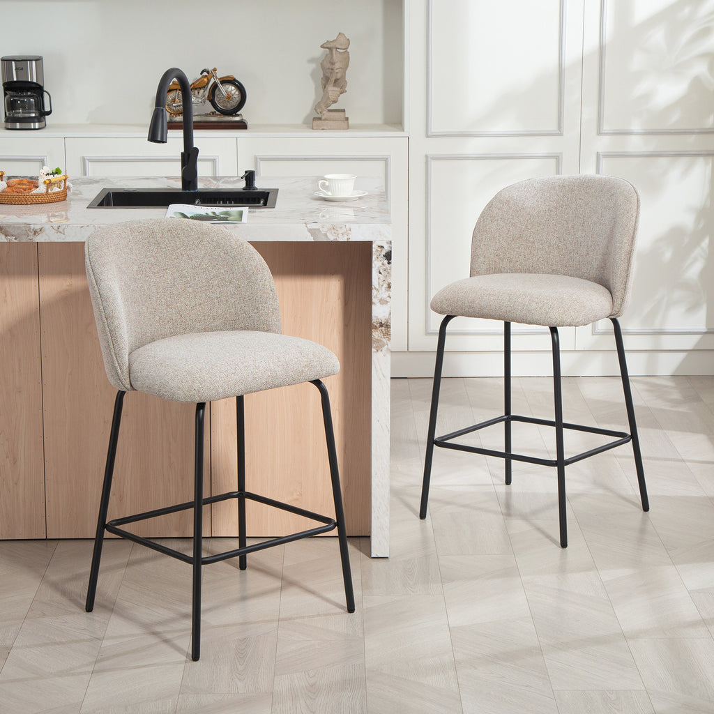Set of 2 Bar Stools with Backrest and Footrest, Fabric Upholstery and Steel Legs, Grey