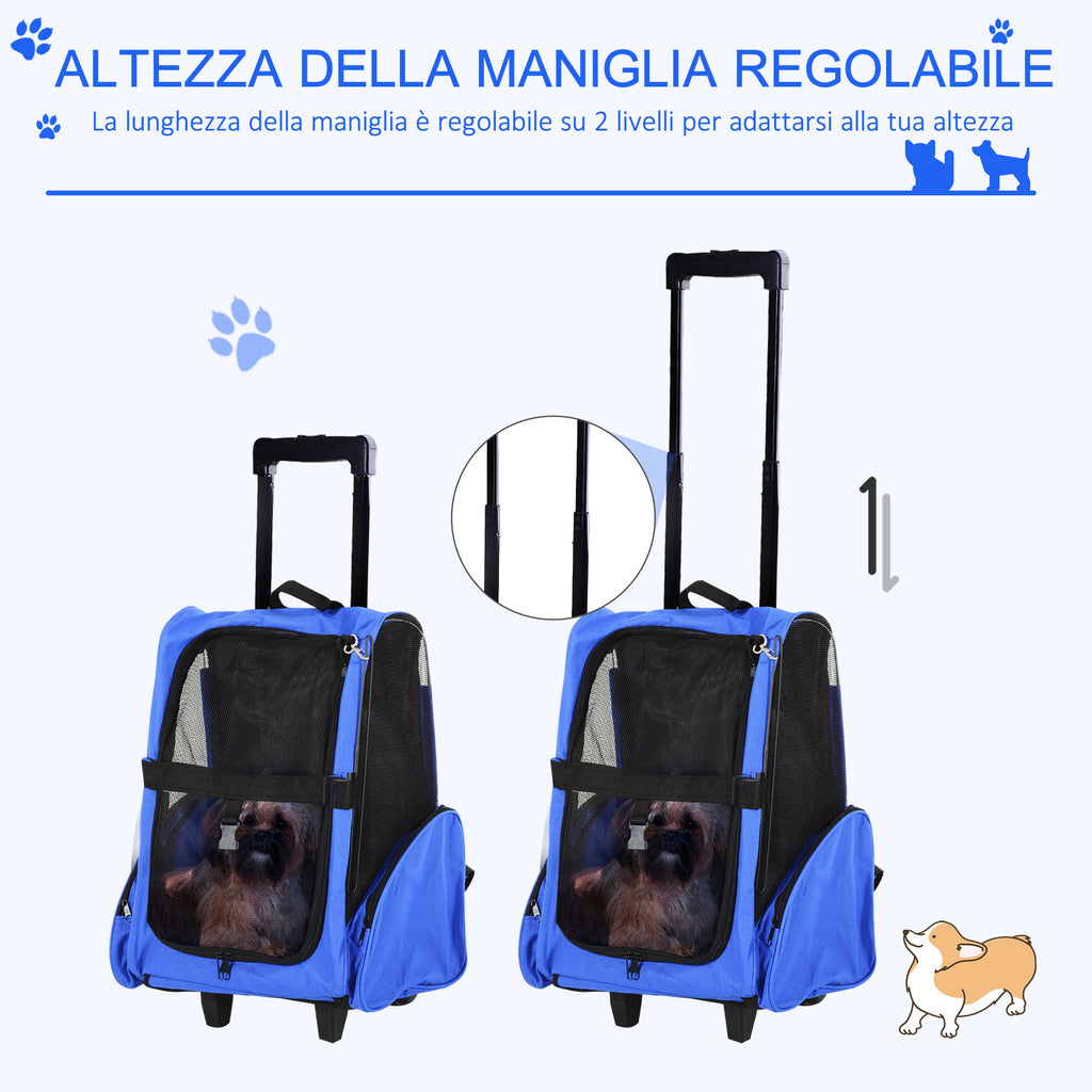 2-in-1 Dog and Cat Carrier Backpack with Side Pockets, Telescopic Handle and Wheels, 42x25x55cm, Blue