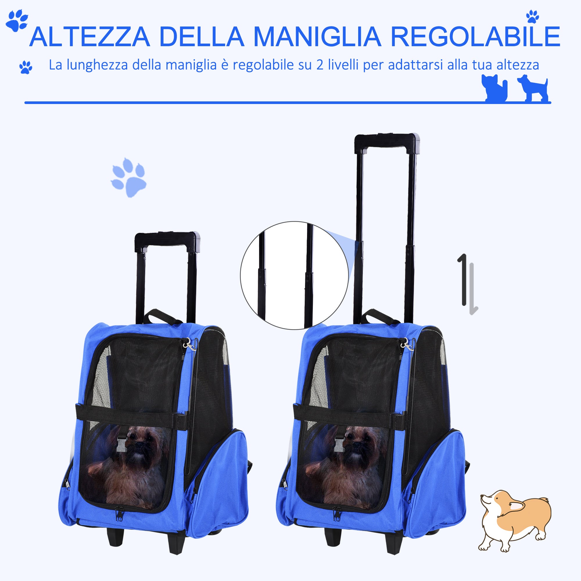 2-in-1 Dog and Cat Carrier Backpack with Side Pockets, Telescopic Handle and Wheels, 42x25x55cm, Blue