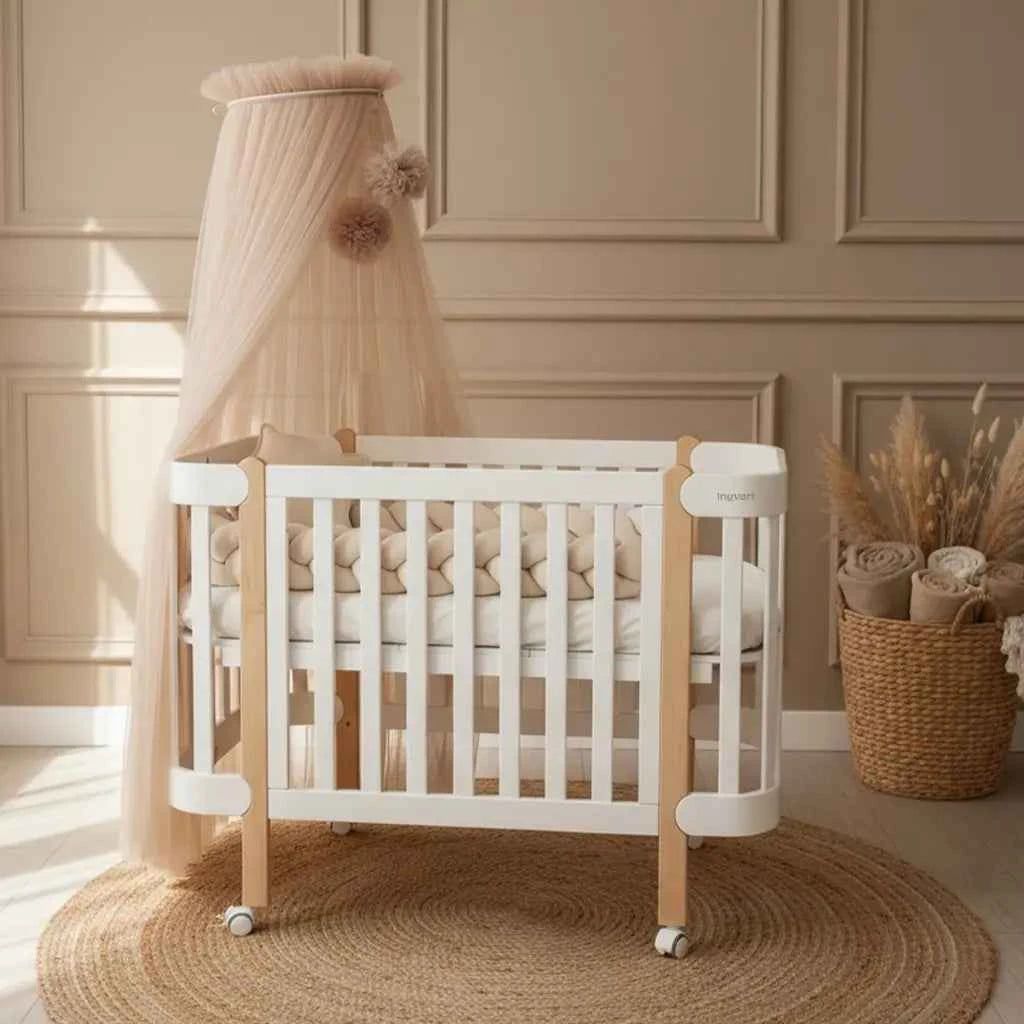 NIKA Convertible Cot – All White with Natural Wood Legs - Grows with Your Child from Birth to 5 Years