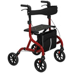 HOMCOM Folding Walker with Seat and Backrest for the Elderly, Adjustable Height, Bag and Cane Holder, Red