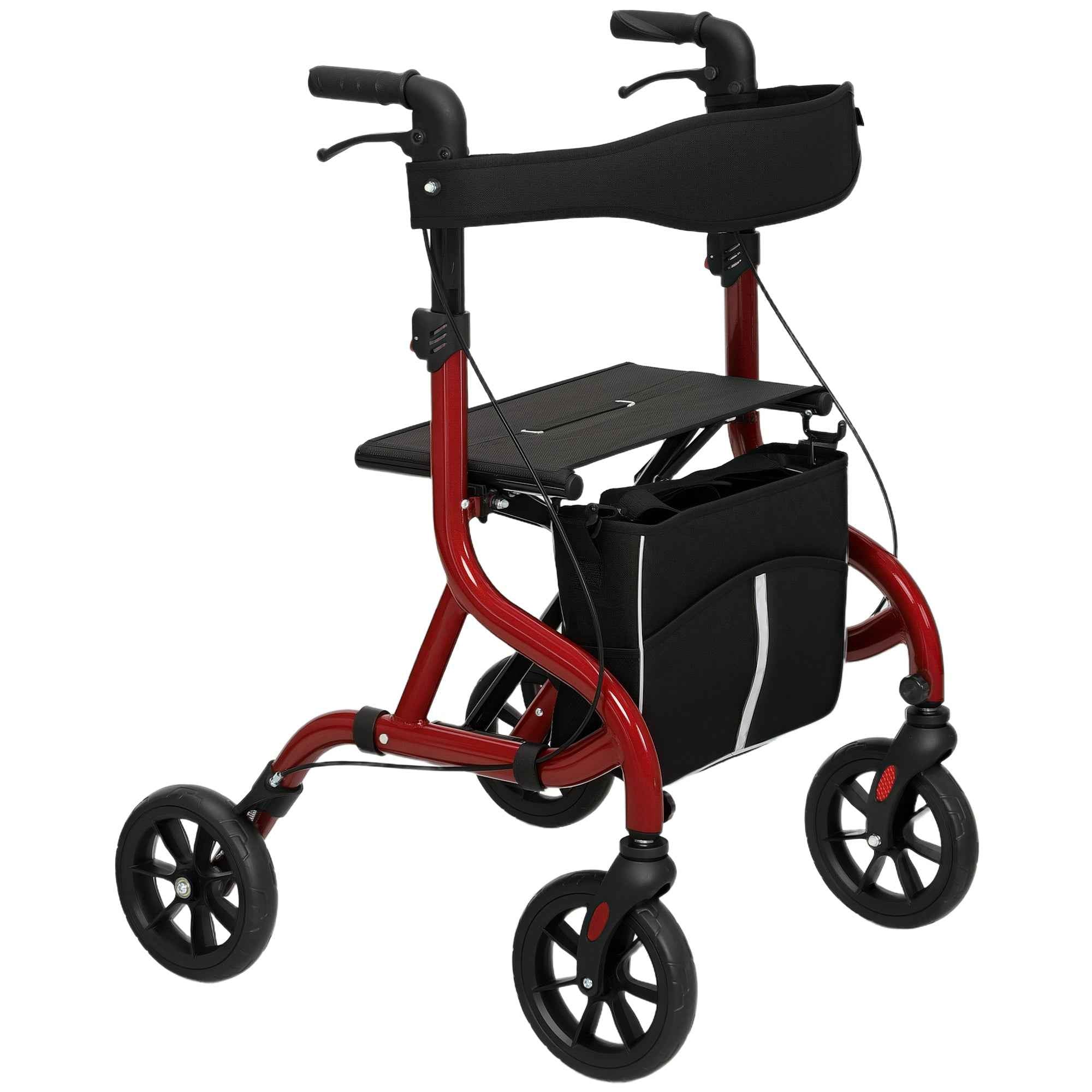 HOMCOM Folding Walker with Seat and Backrest for the Elderly, Adjustable Height, Bag and Cane Holder, Red